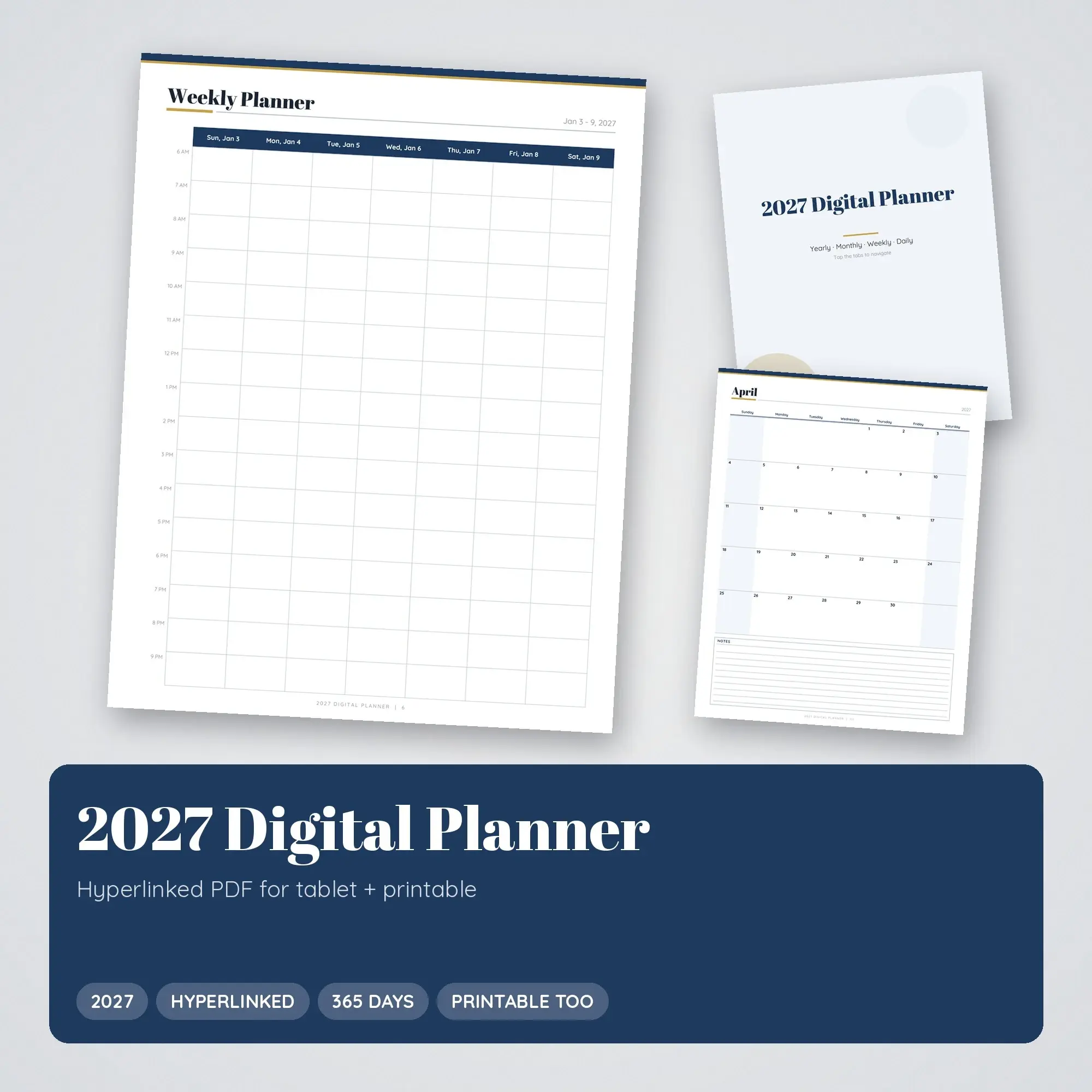 2027 Hyperlinked Digital Planner PDF, Daily Weekly Monthly, Navy preview