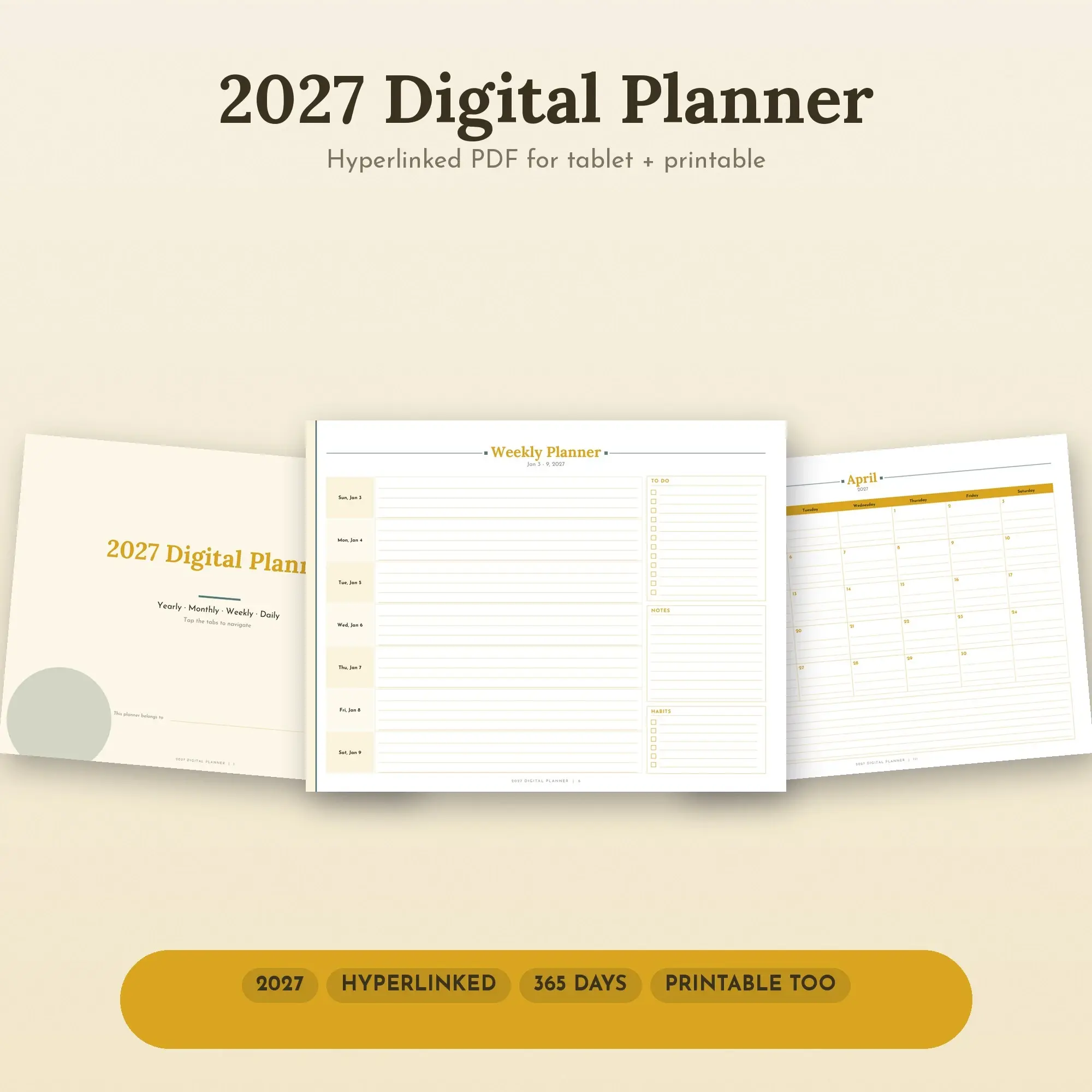 Refined 2027 Digital Planner with Clickable Tabs, All-in-One PDF preview