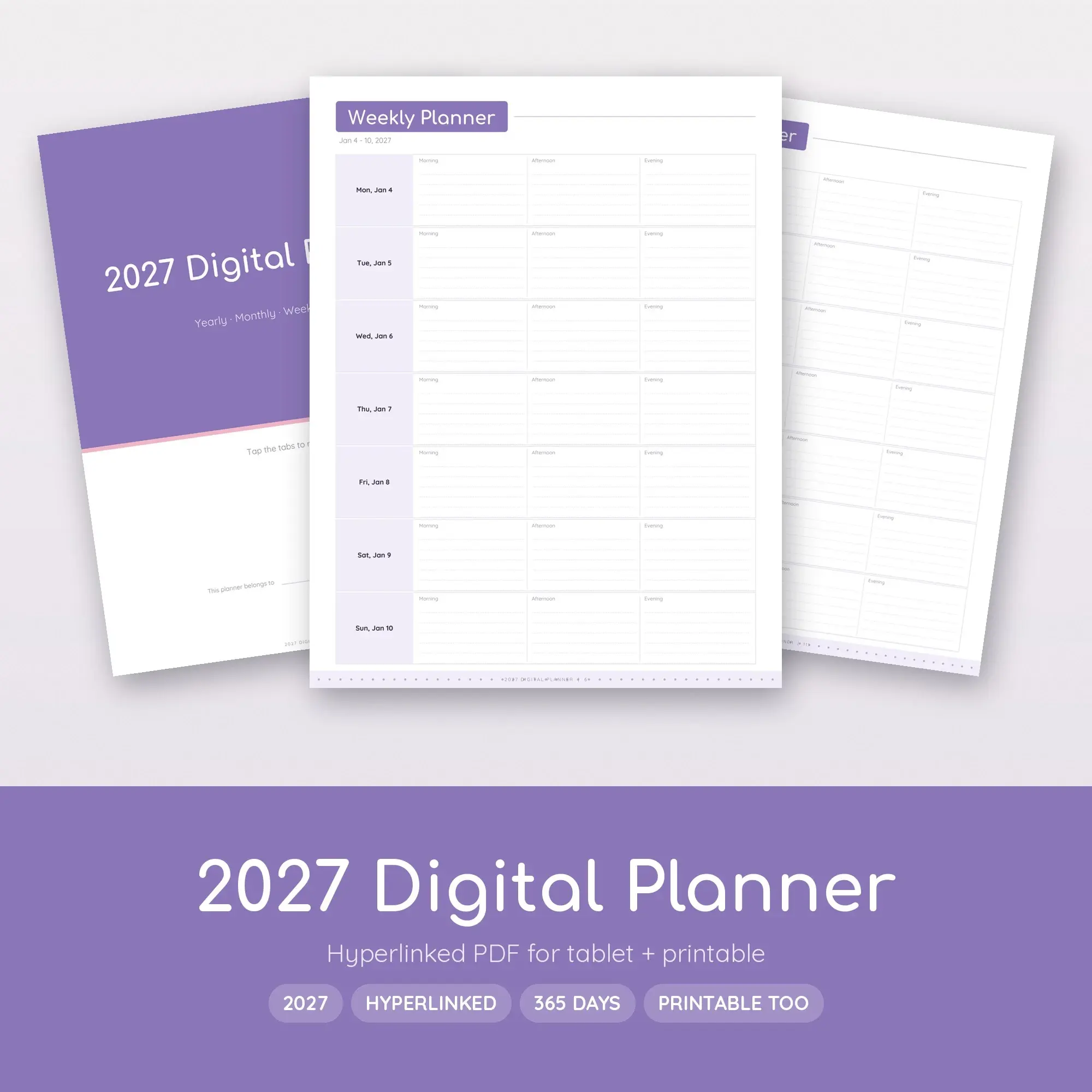 Digital Planner 2027 Hyperlinked for Tablet, Pastel Lavender PDF preview