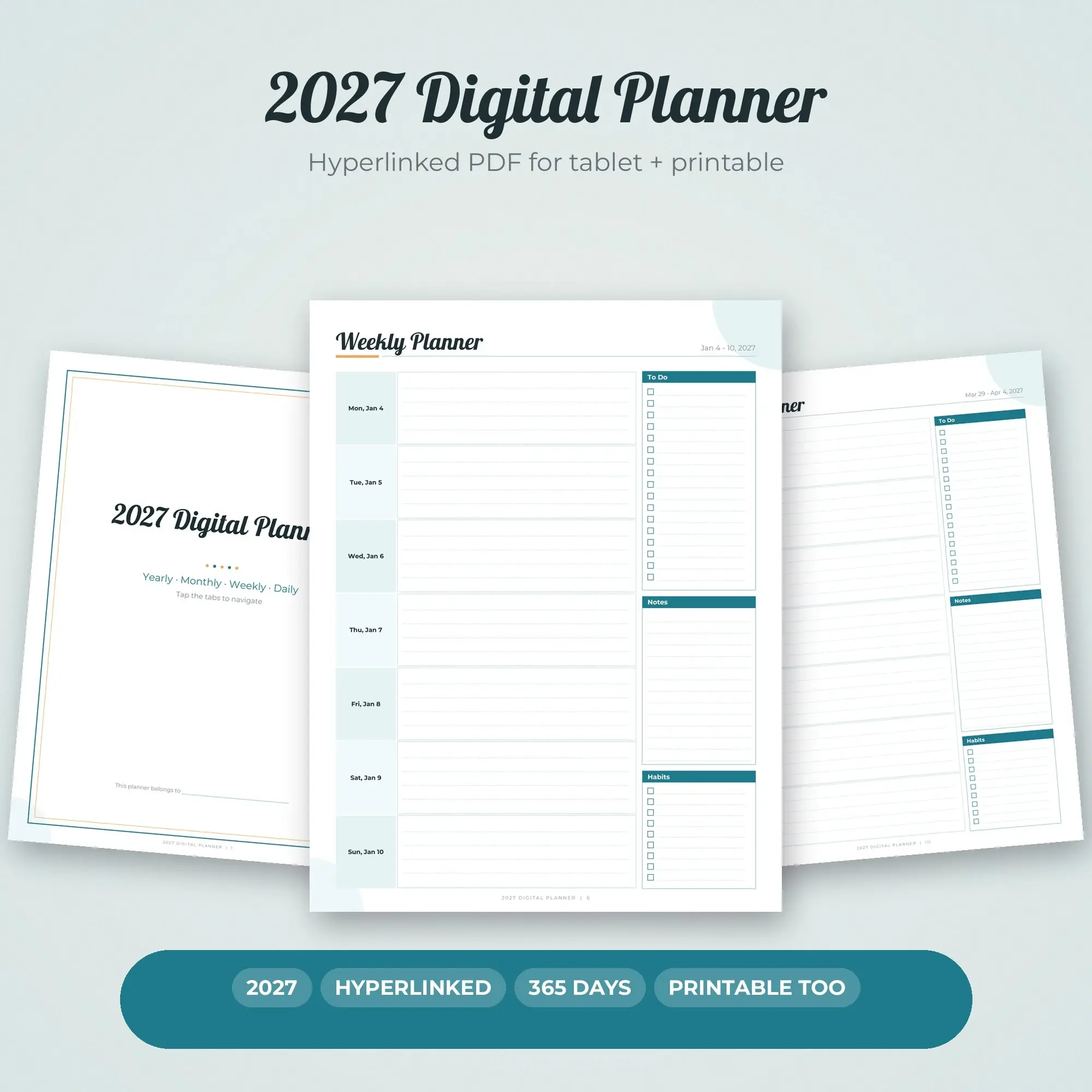 2027 Hyperlinked Digital Planner PDF, Daily Weekly Monthly, Ocean Teal preview