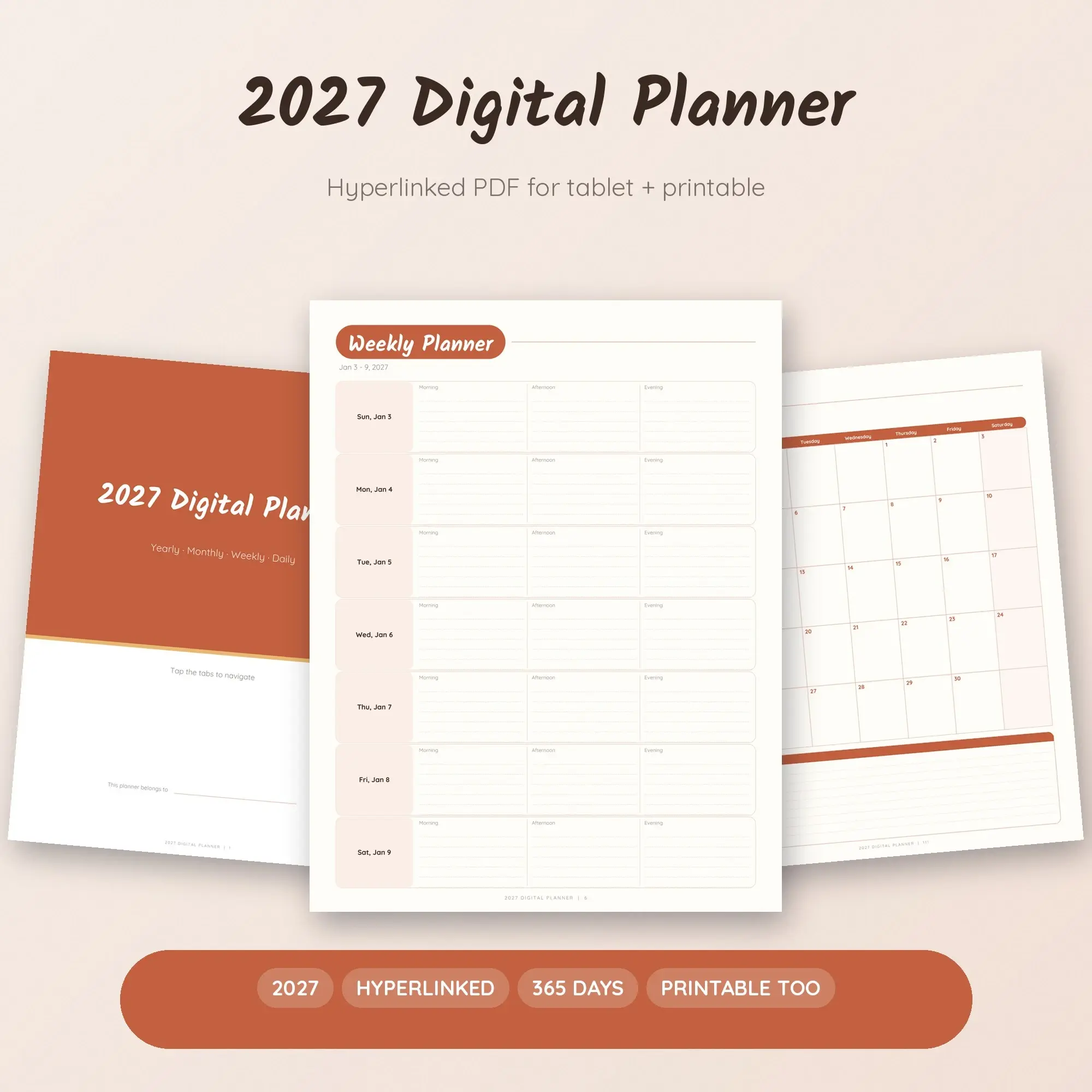 2027 Digital Planner, Hyperlinked PDF for Tablet, Year Month Week Day - Cozy preview