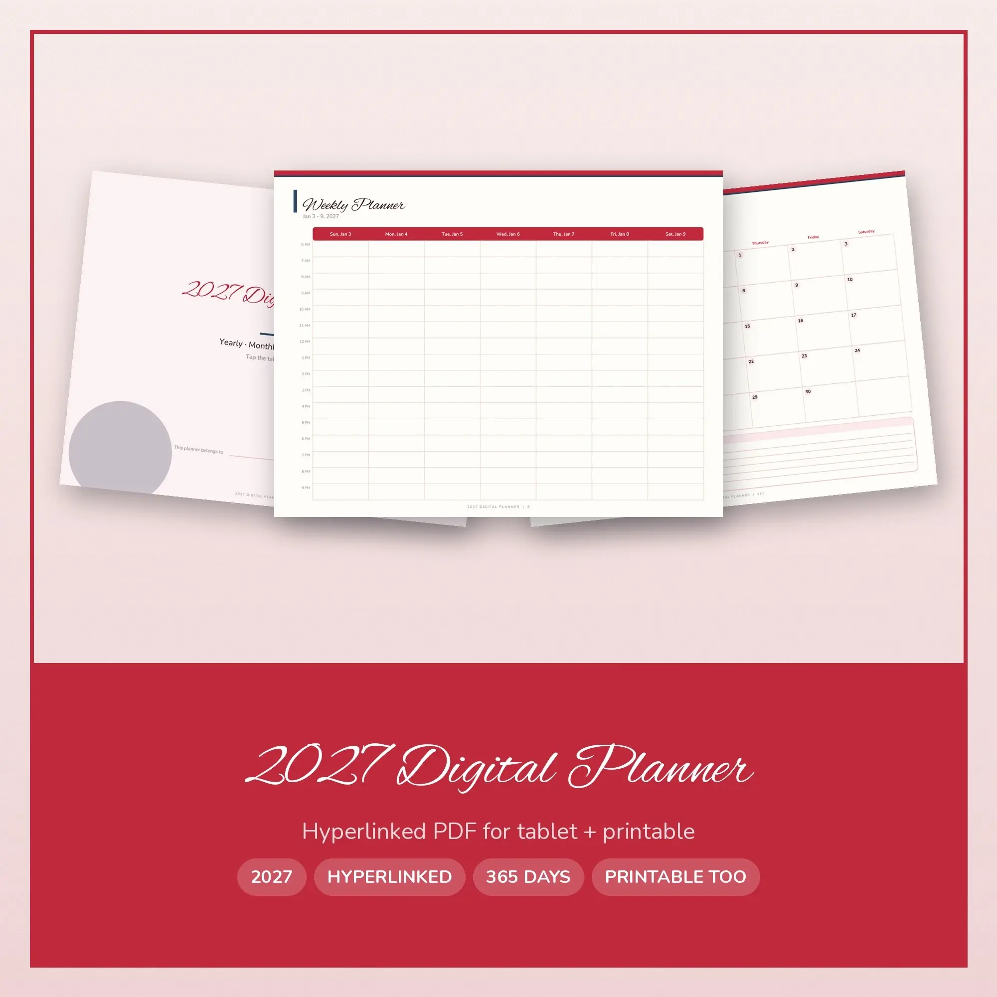 Digital Planner 2027 Hyperlinked for Tablet, Romantic Cherry PDF preview