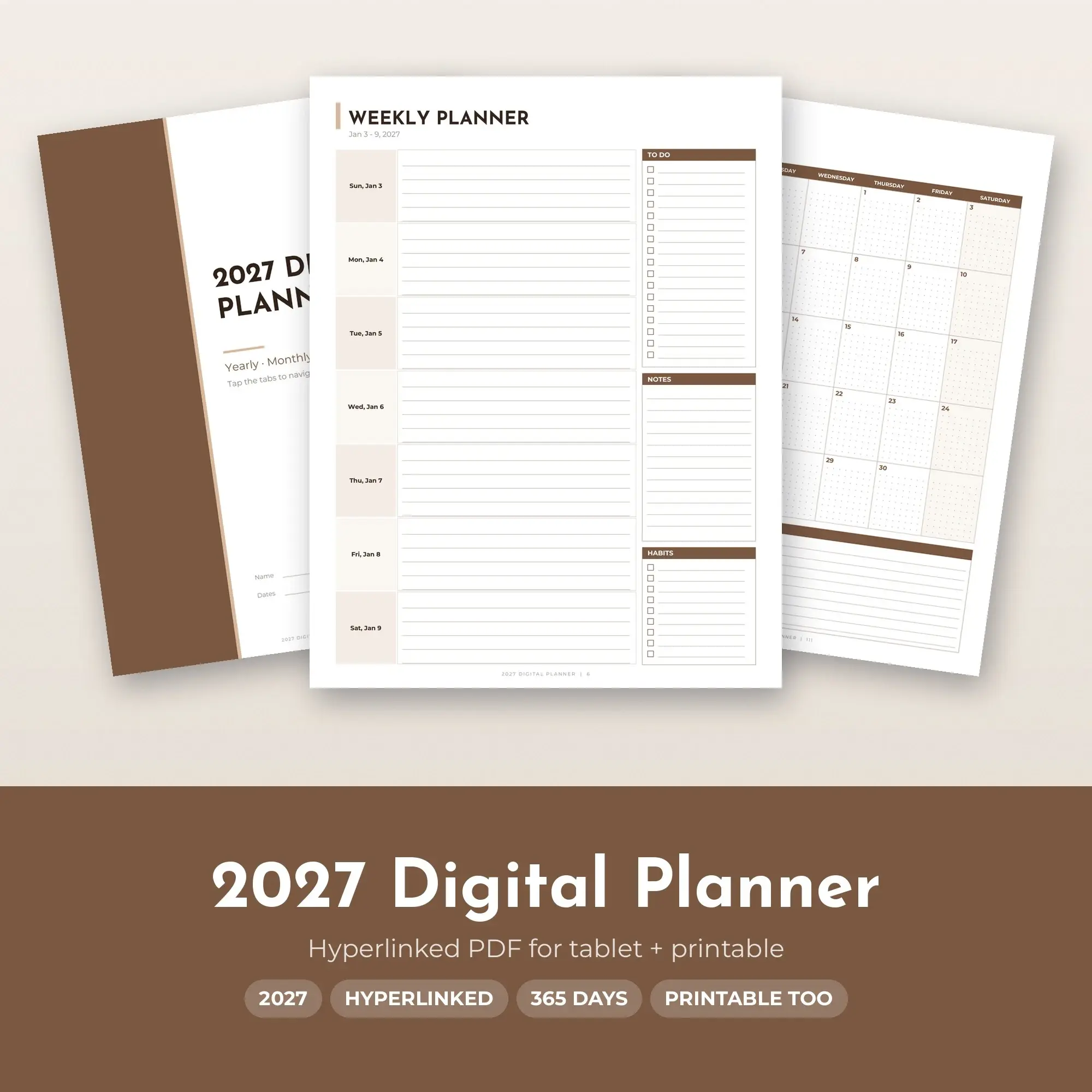 2027 Tablet Planner PDF, Hyperlinked Months Weeks Days, Cocoa preview