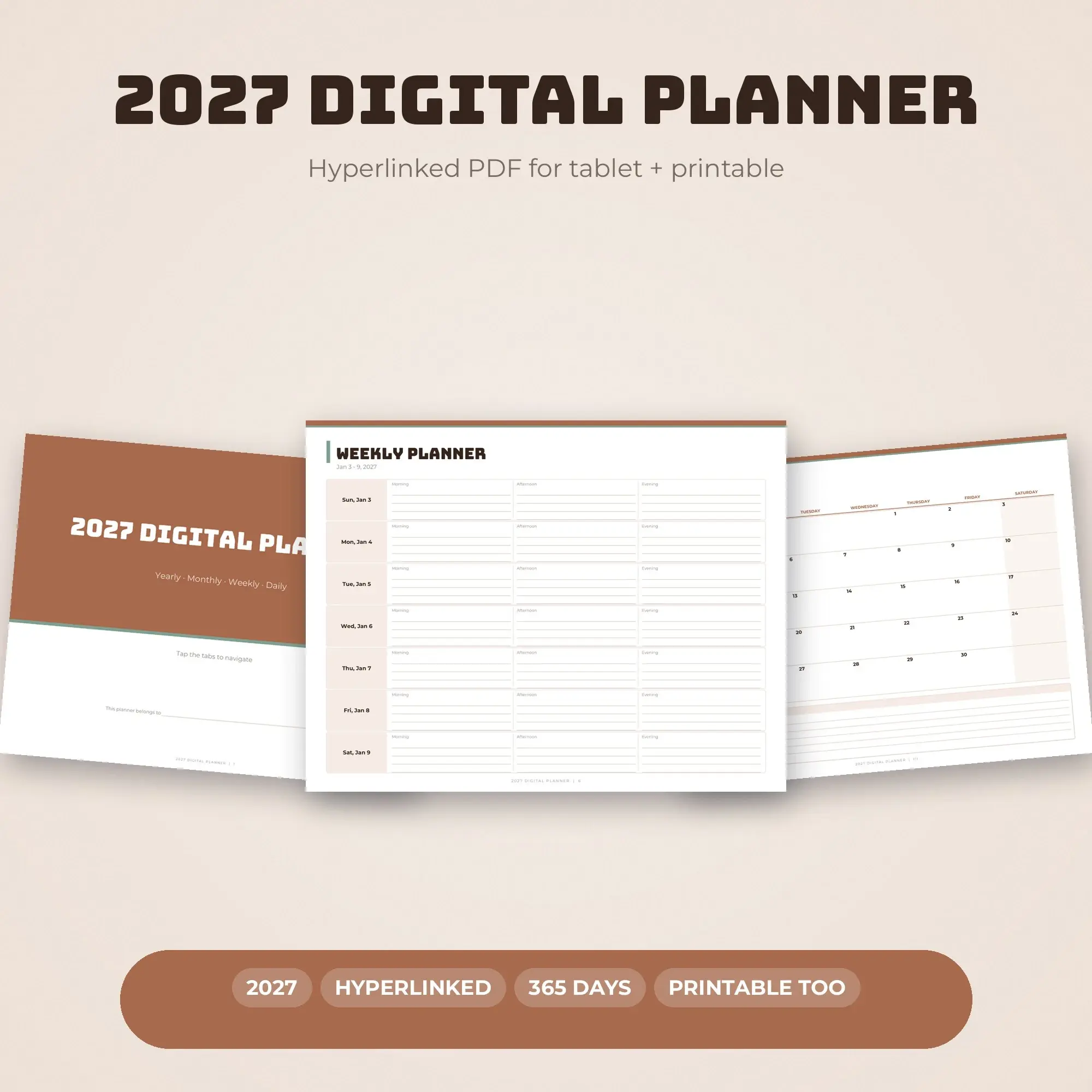 2027 Hyperlinked Digital Planner PDF, Daily Weekly Monthly, Clay preview