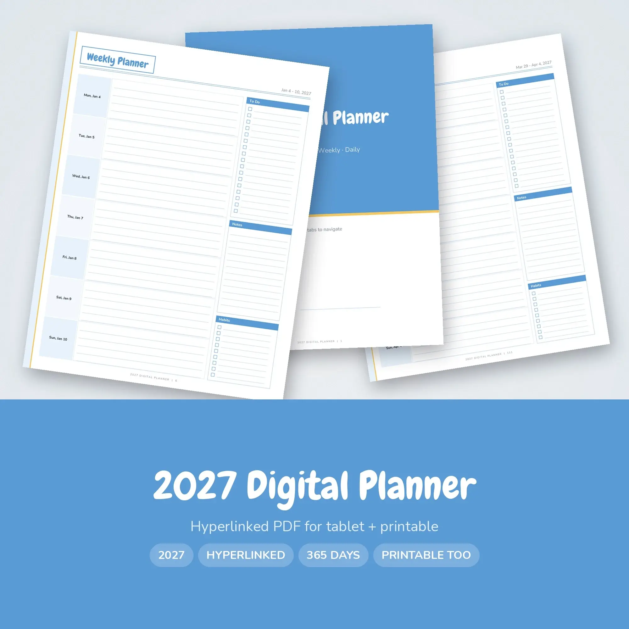 Digital Planner 2027 Hyperlinked for Tablet, Fun Sky Blue PDF preview