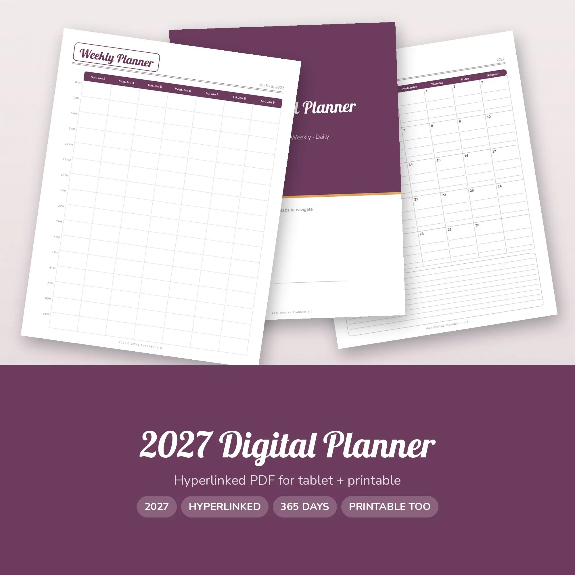 Calligraphy 2027 Digital Planner with Clickable Tabs, All-in-One PDF preview