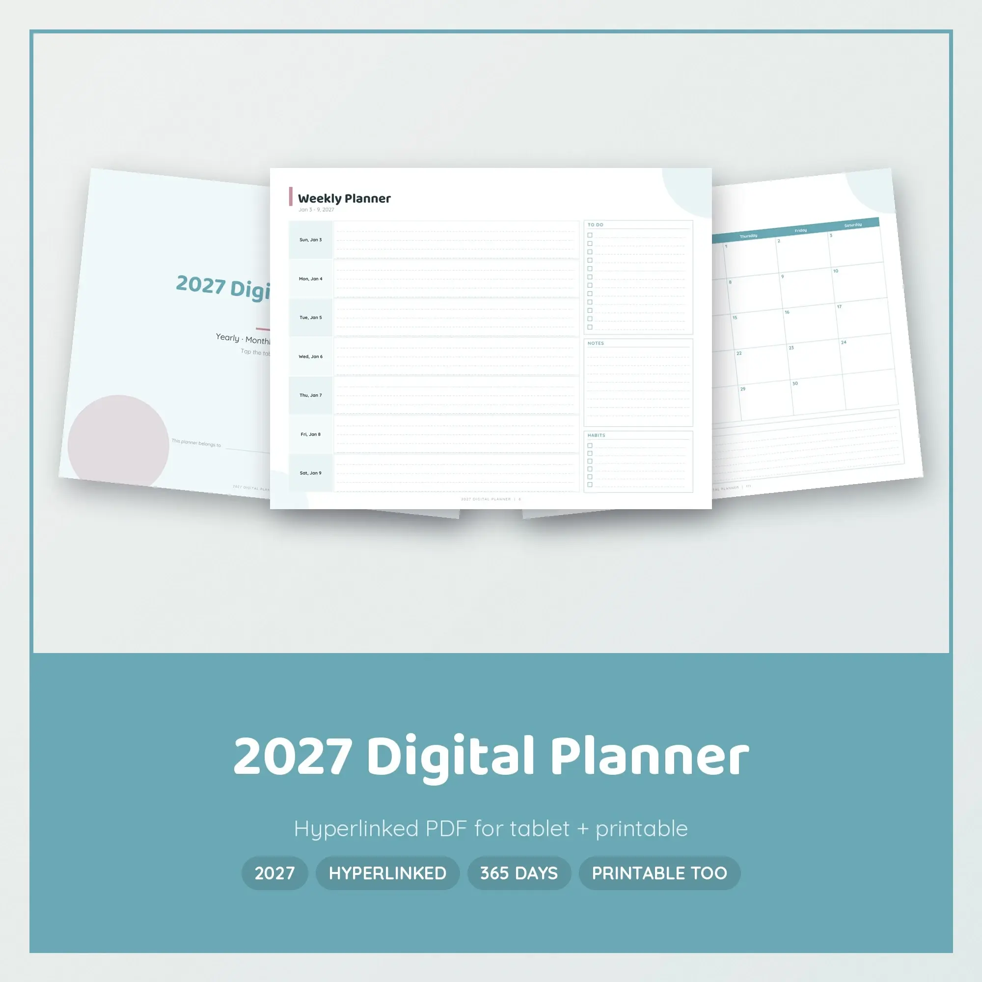 2027 Digital Planner, Hyperlinked PDF for Tablet, Year Month Week Day - Playful preview