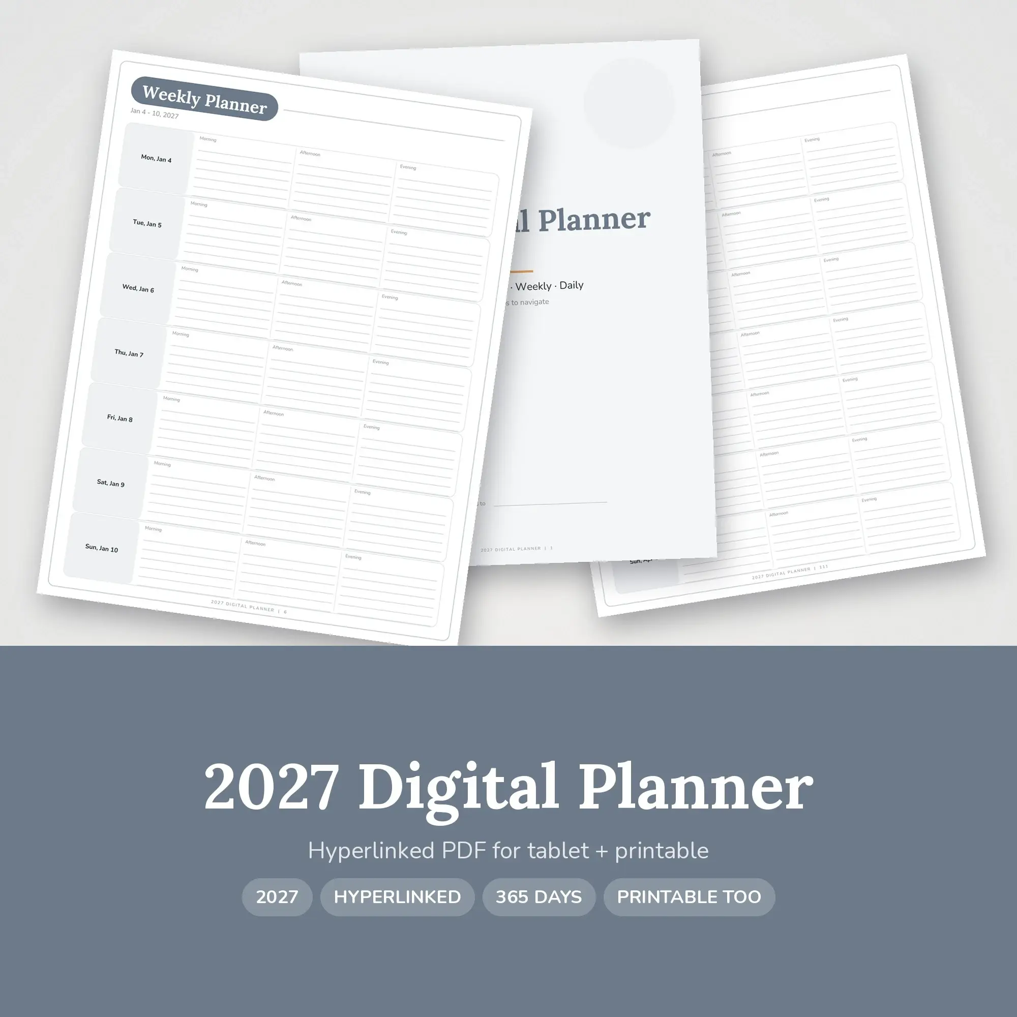 2027 Tablet Planner PDF, Hyperlinked Months Weeks Days, Pewter, preview 1 of 2