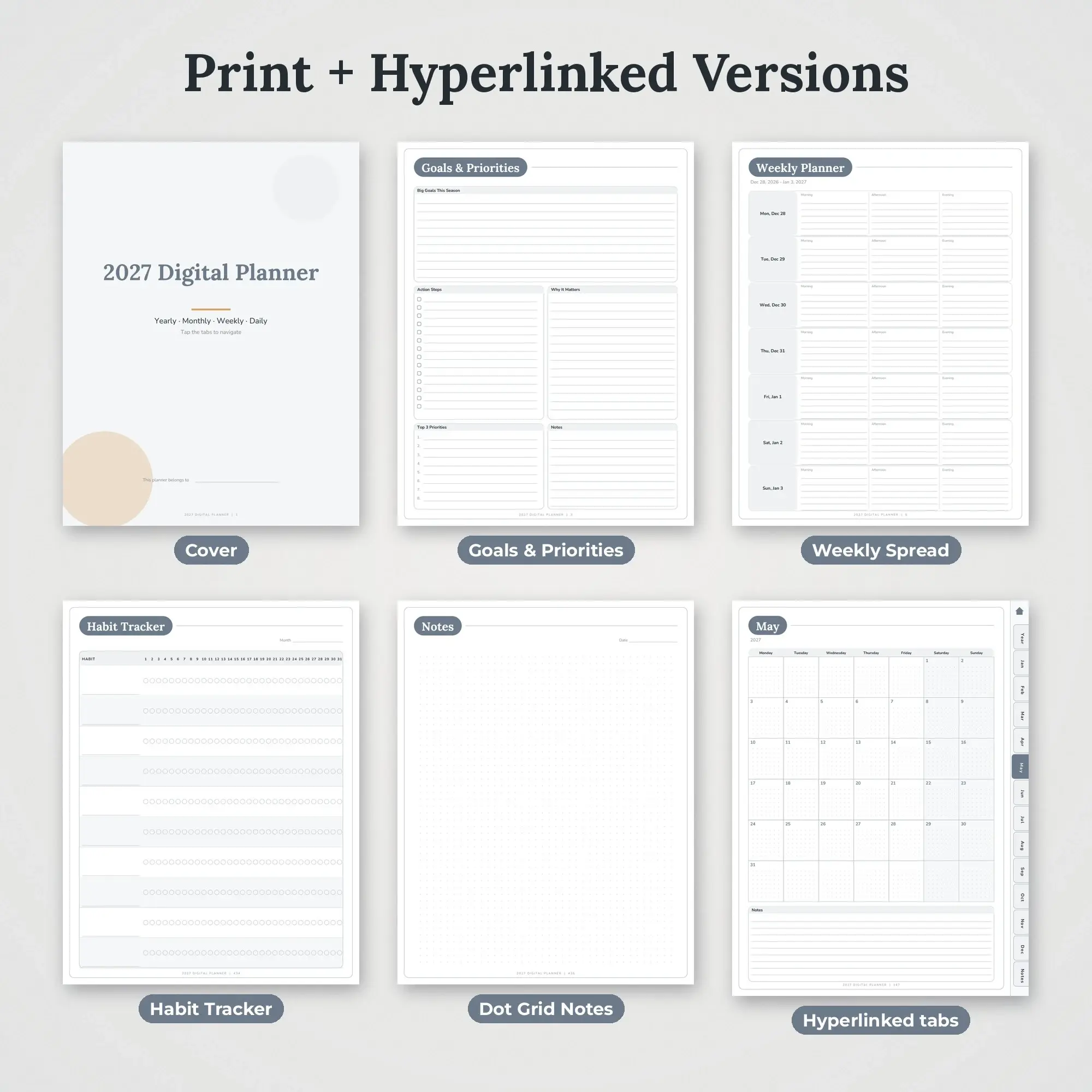 2027 Tablet Planner PDF, Hyperlinked Months Weeks Days, Pewter, preview 2 of 2