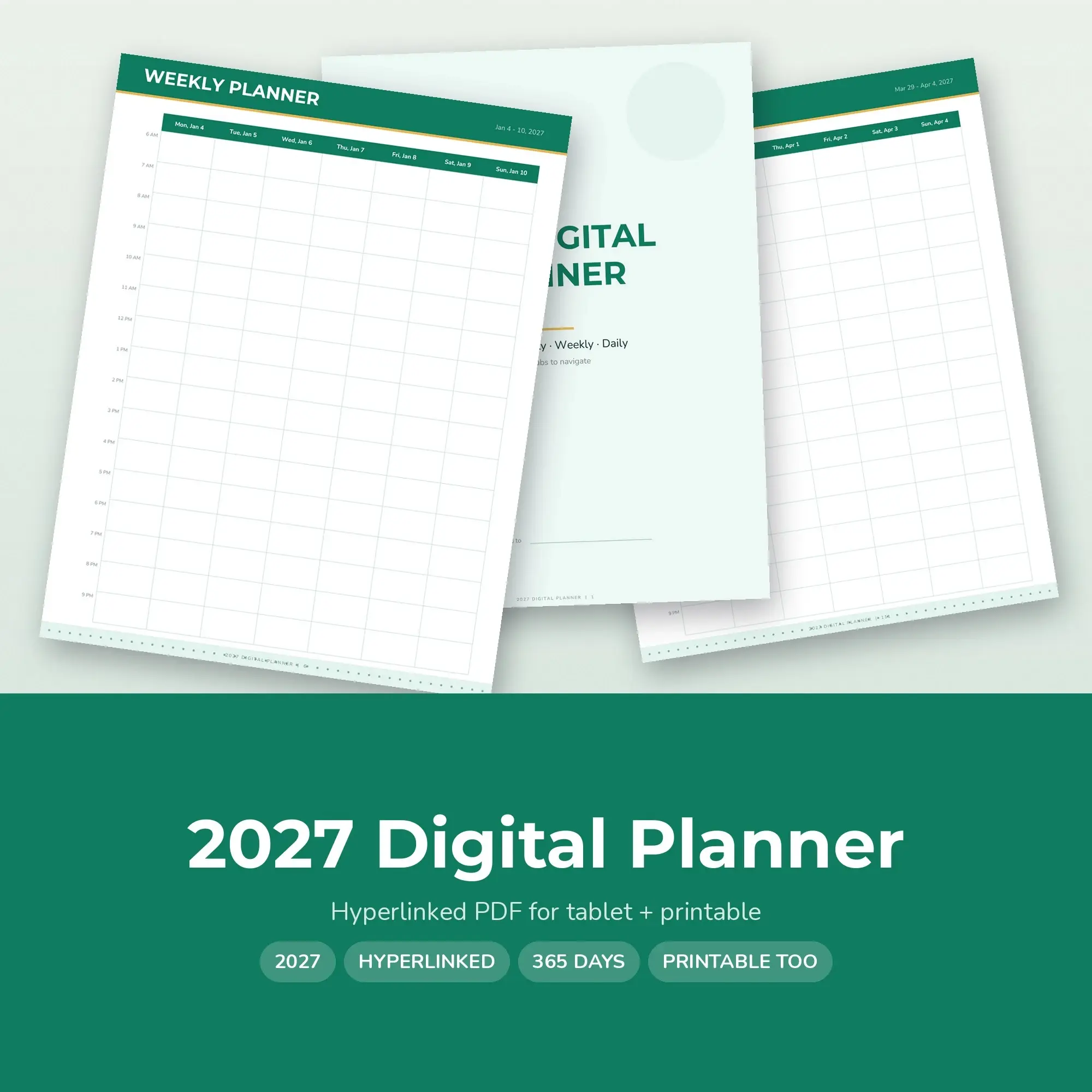 2027 Hyperlinked Digital Planner PDF, Daily Weekly Monthly, Emerald preview