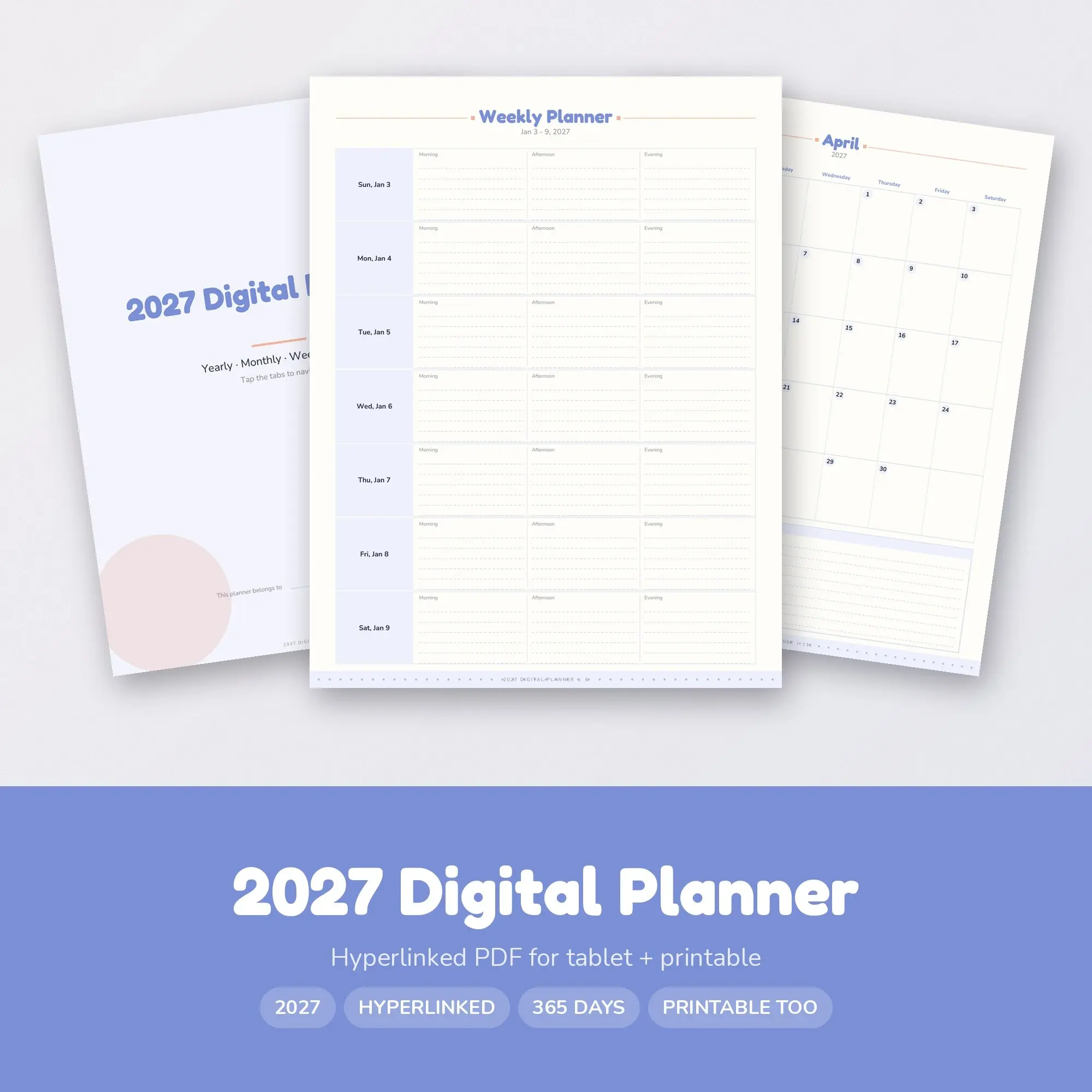 Digital Planner 2027 Hyperlinked for Tablet, Pastel Periwinkle PDF preview