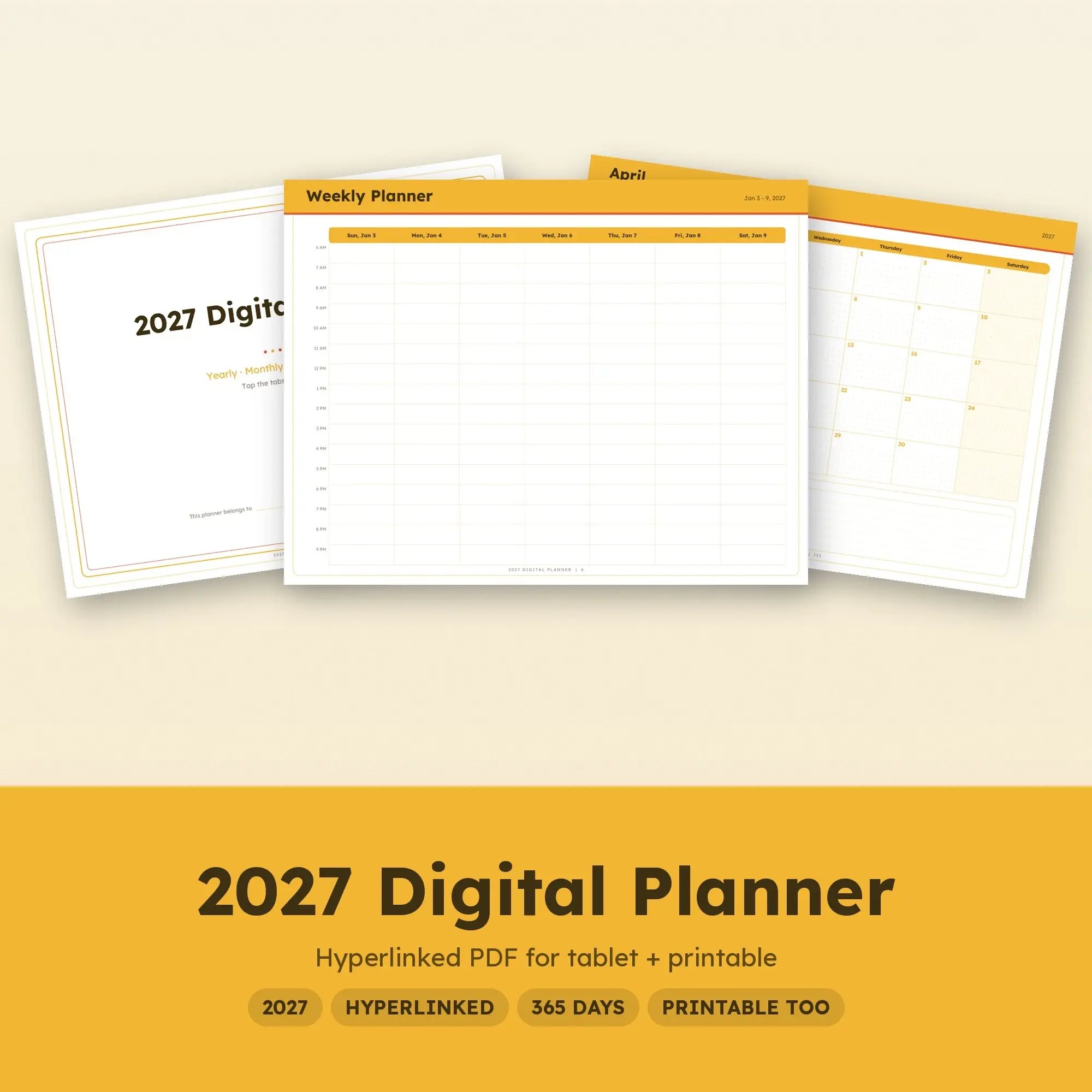 2027 Tablet Planner PDF, Hyperlinked Months Weeks Days, Sunshine preview
