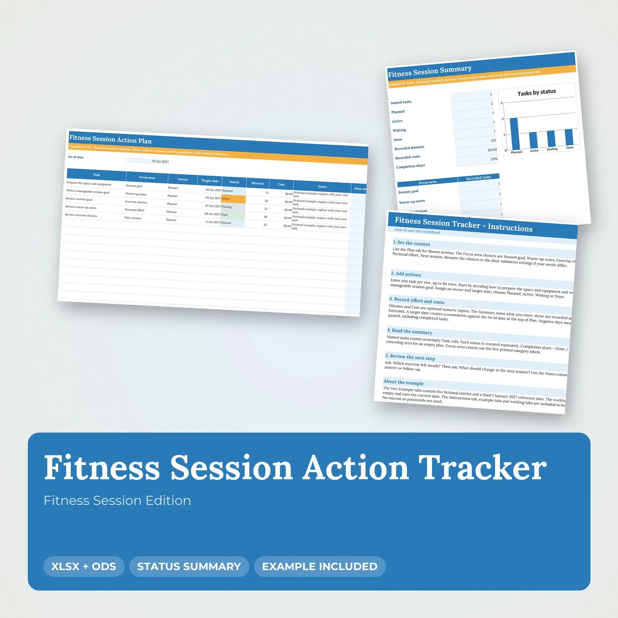 Fitness Session Action Tracker Spreadsheet, XLSX + ODS preview