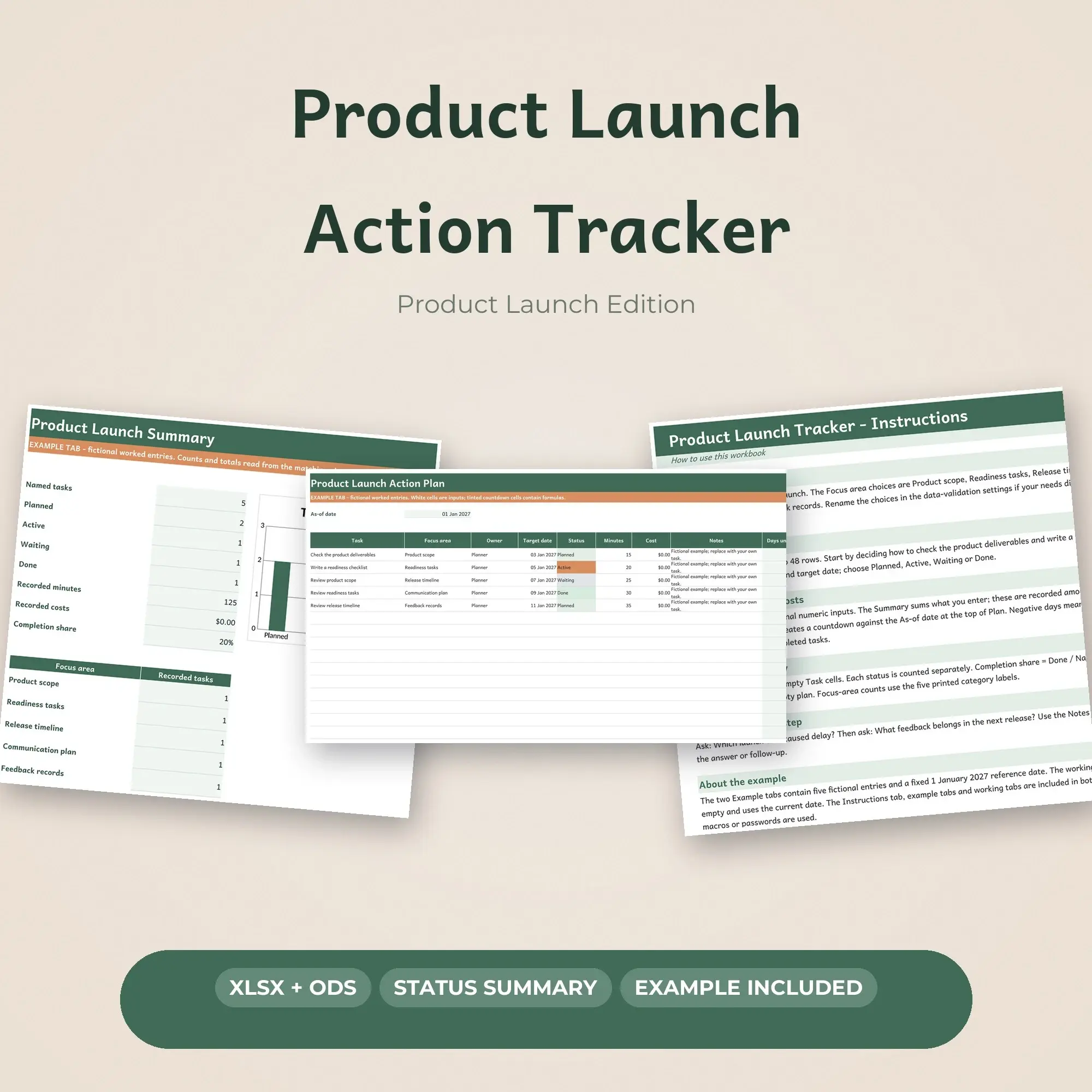 Product Launch Action Tracker Spreadsheet, XLSX + ODS preview