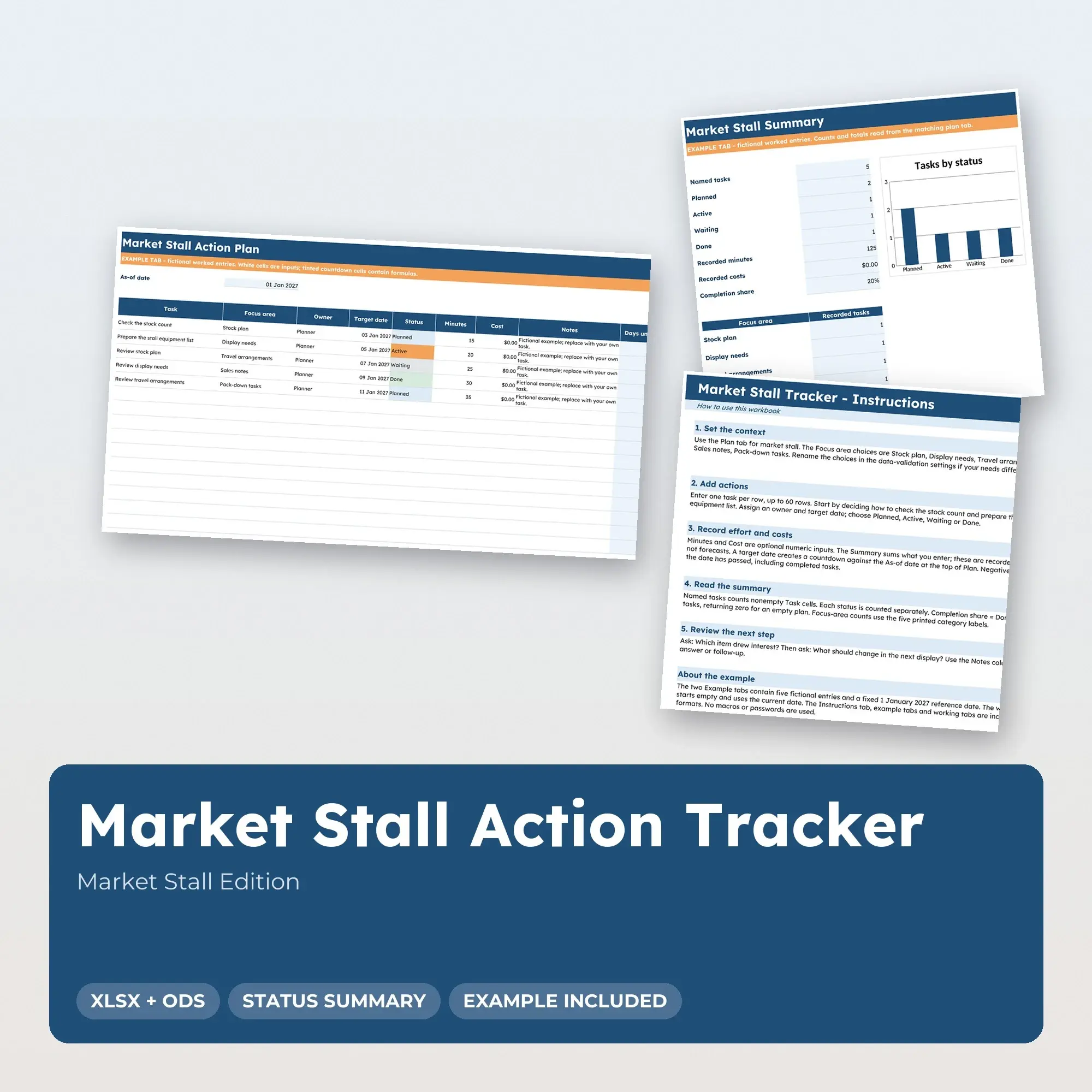 Market Stall Action Tracker Spreadsheet, XLSX + ODS preview