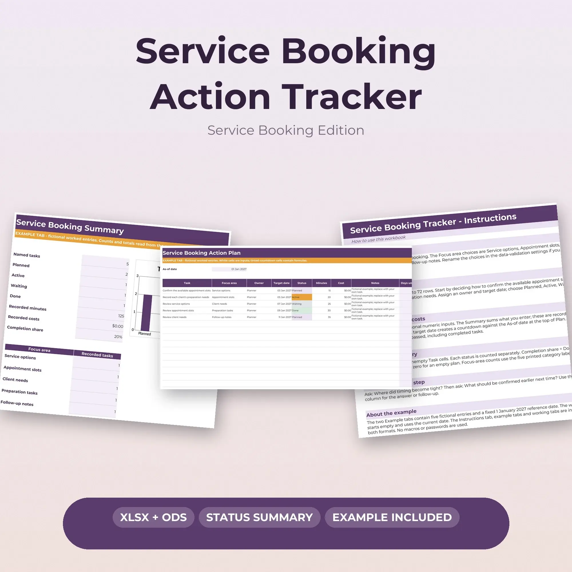 Service Booking Action Tracker Spreadsheet, XLSX + ODS preview