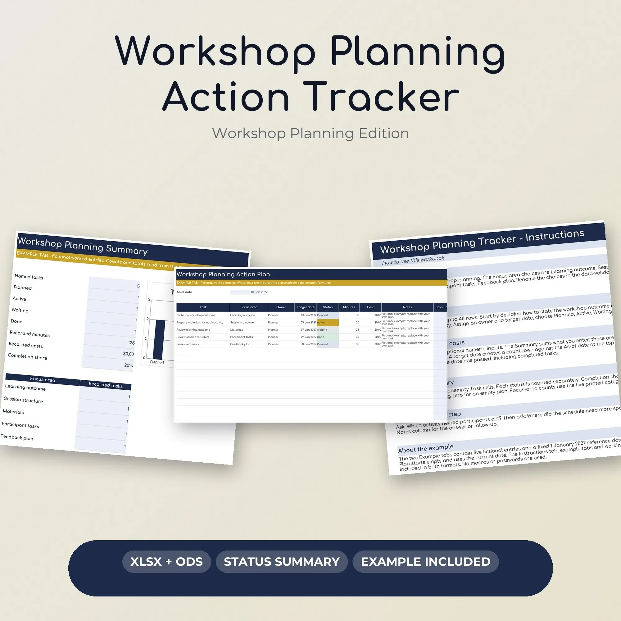 Workshop Planning Action Tracker Spreadsheet, XLSX + ODS preview