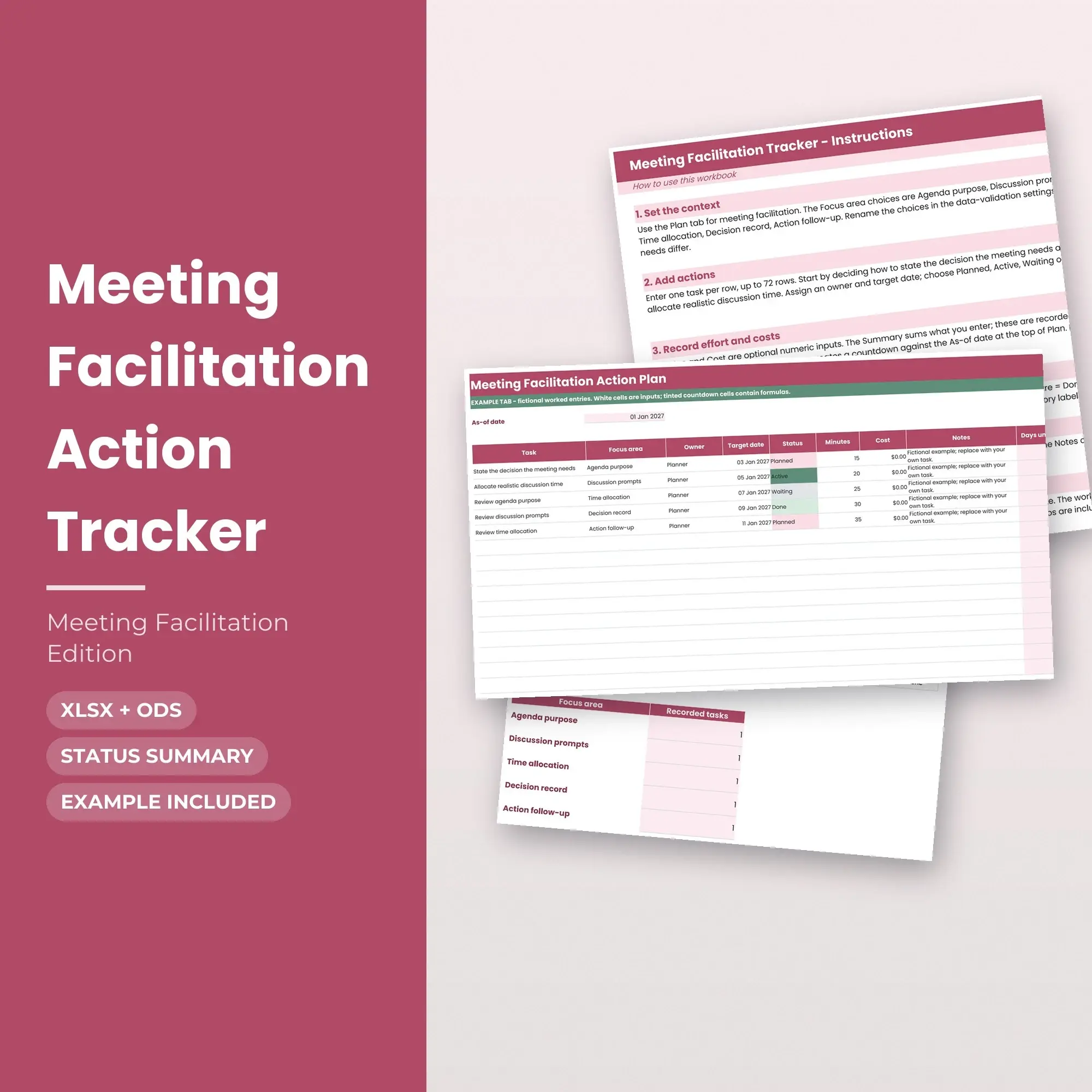 Meeting Facilitation Action Tracker Spreadsheet, XLSX + ODS preview
