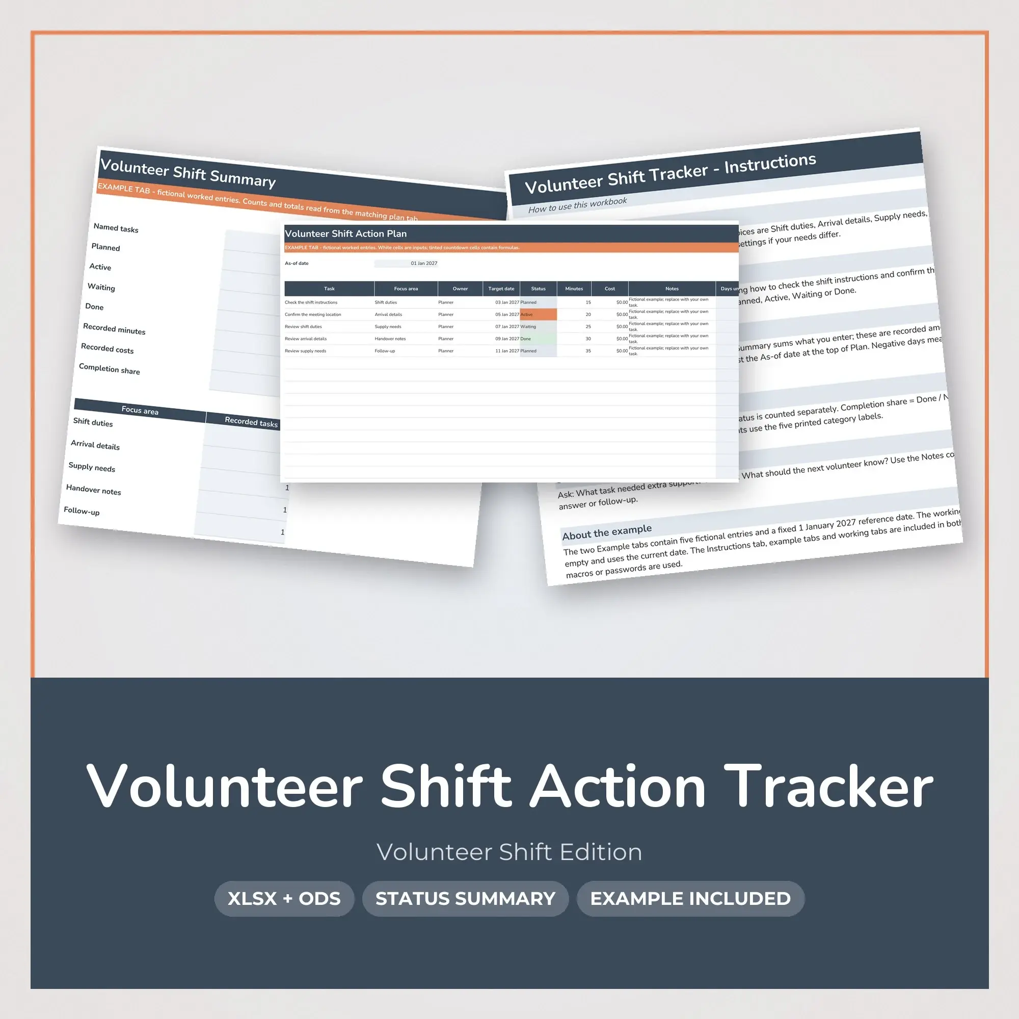 Volunteer Shift Action Tracker Spreadsheet, XLSX + ODS preview