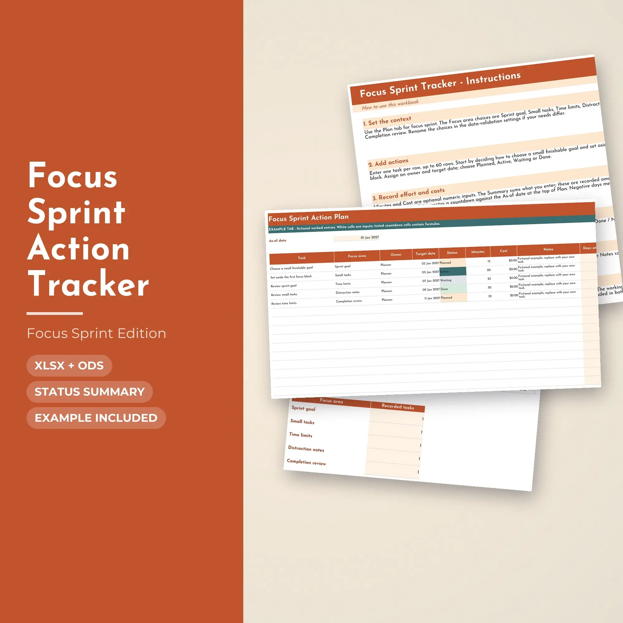 Focus Sprint Action Tracker Spreadsheet, XLSX + ODS preview