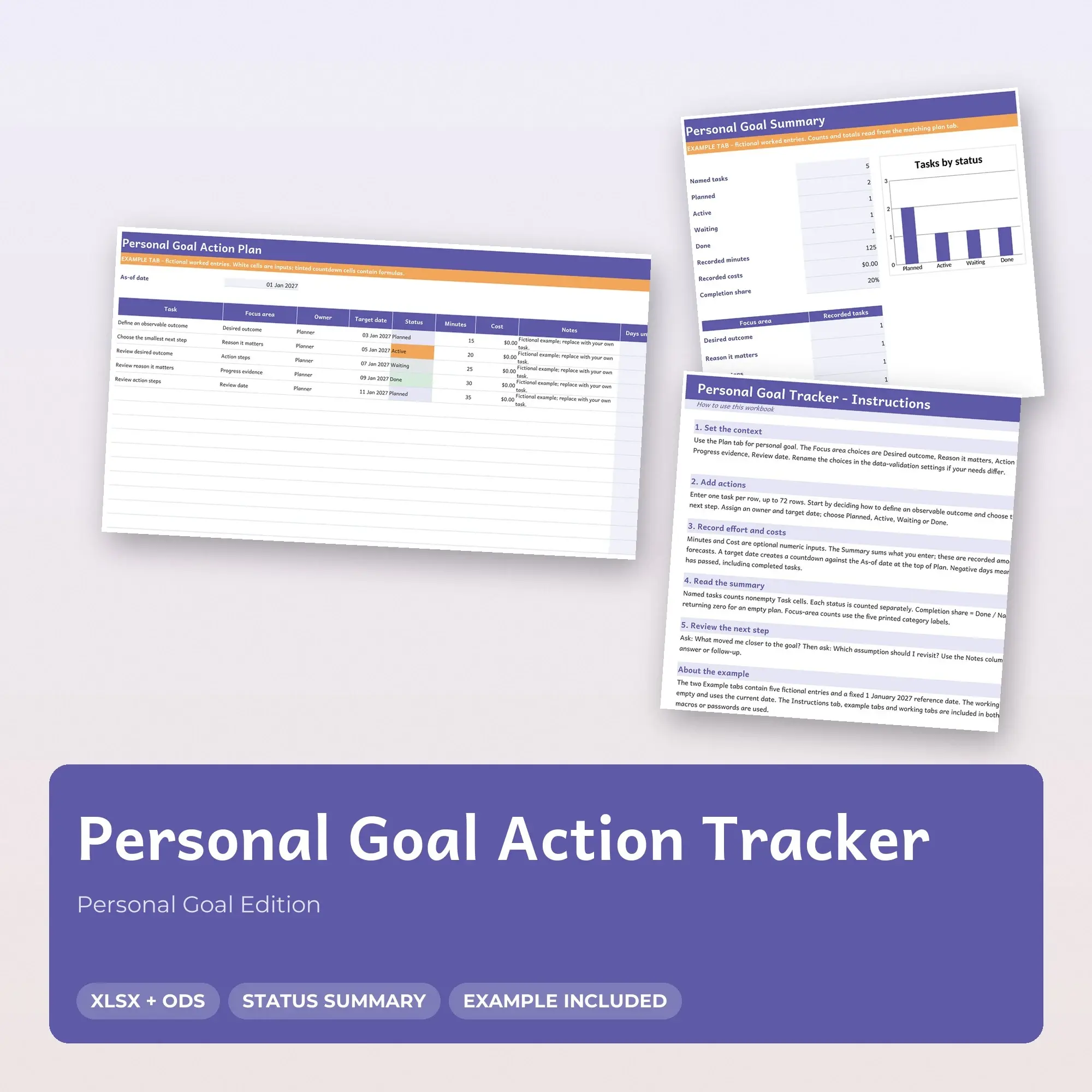 Personal Goal Action Tracker Spreadsheet, XLSX + ODS preview