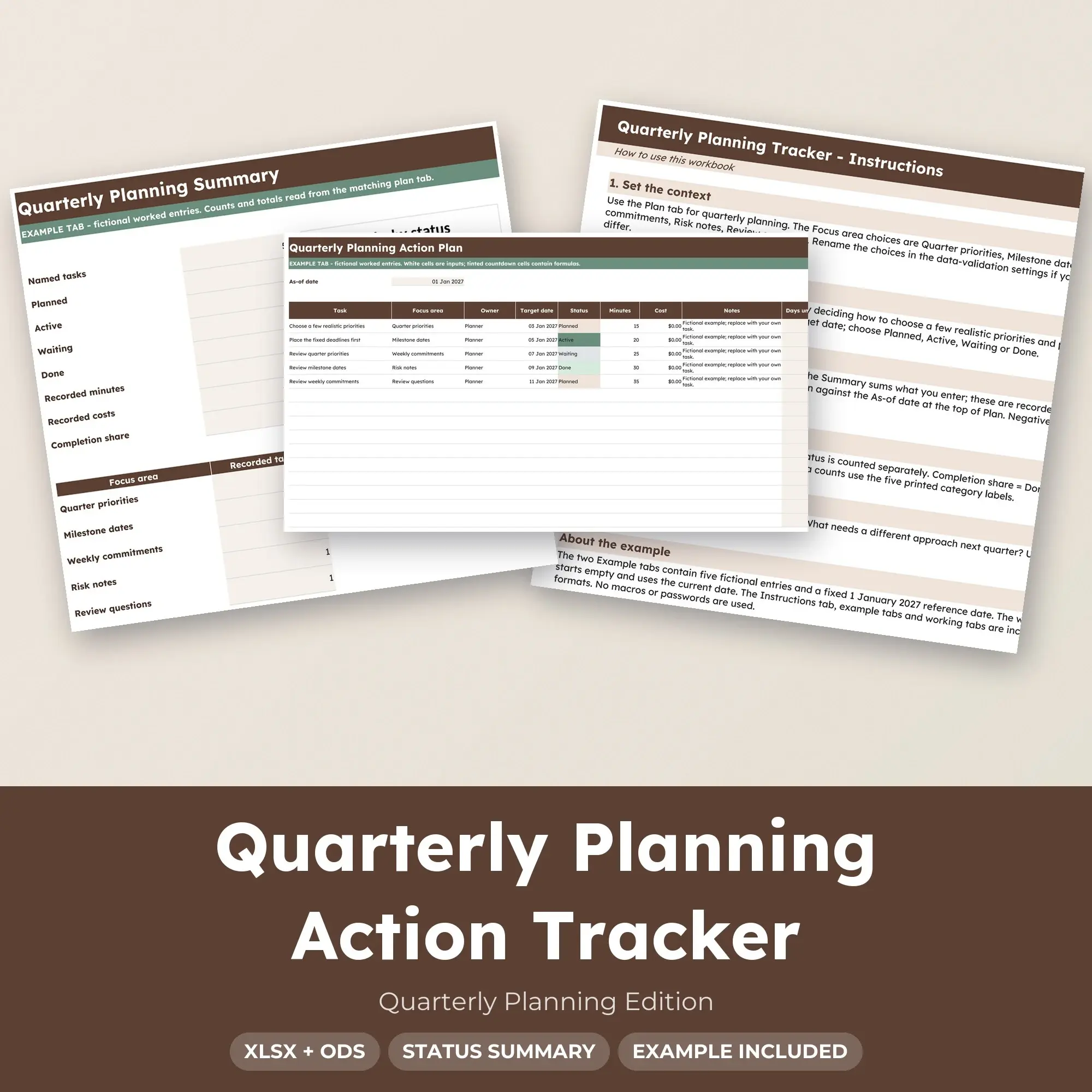Quarterly Planning Action Tracker Spreadsheet, XLSX + ODS preview