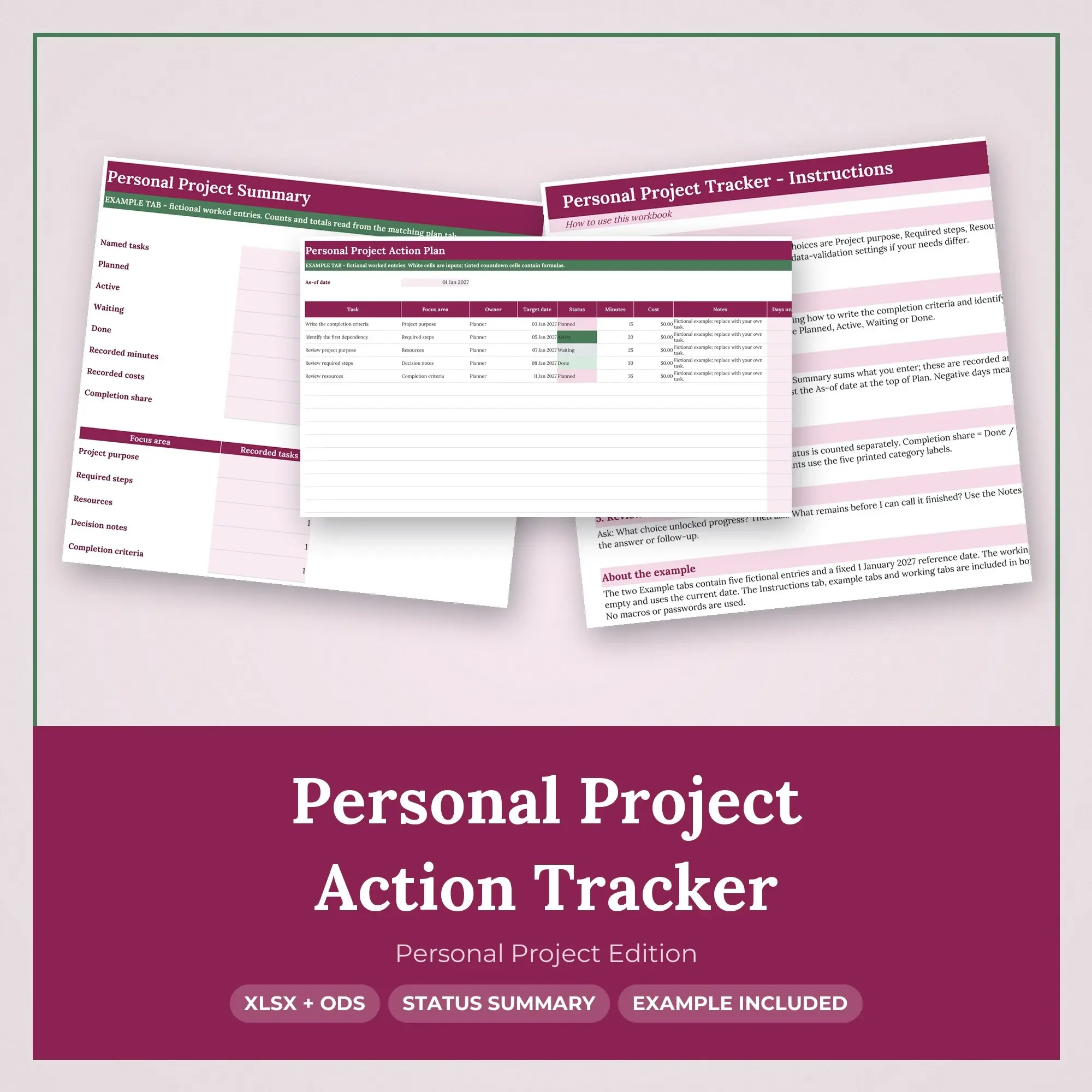 Personal Project Action Tracker Spreadsheet, XLSX + ODS preview