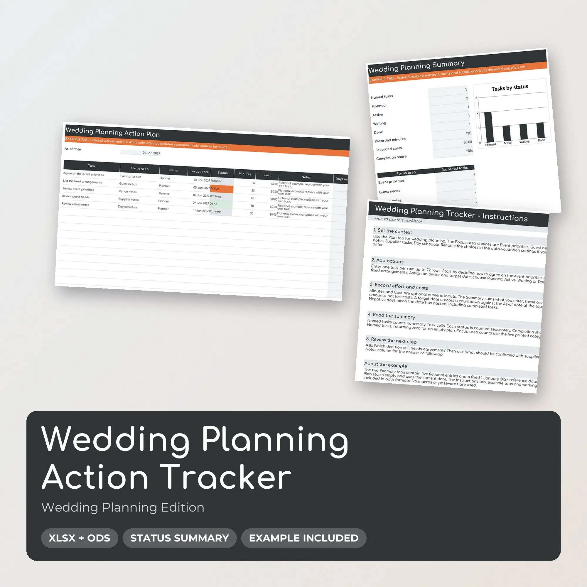 Wedding Planning Action Tracker Spreadsheet, XLSX + ODS preview