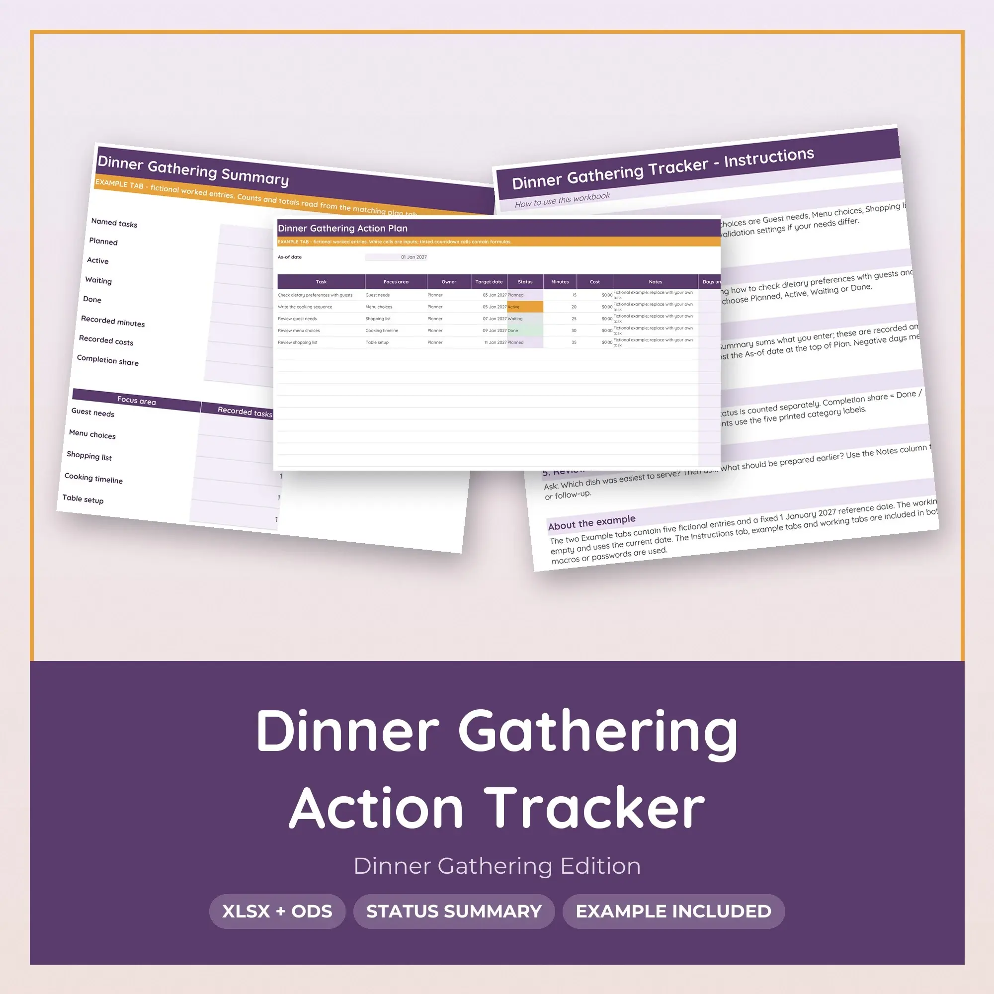 Dinner Gathering Action Tracker Spreadsheet, XLSX + ODS preview