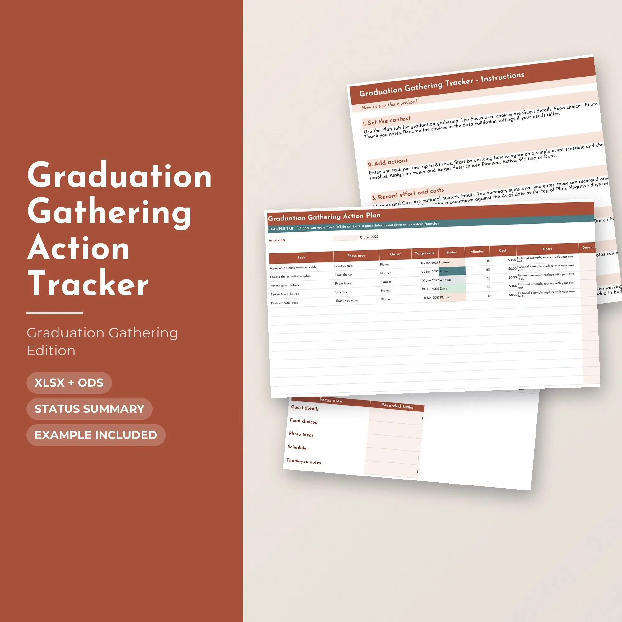 Graduation Gathering Action Tracker Spreadsheet, XLSX + ODS preview