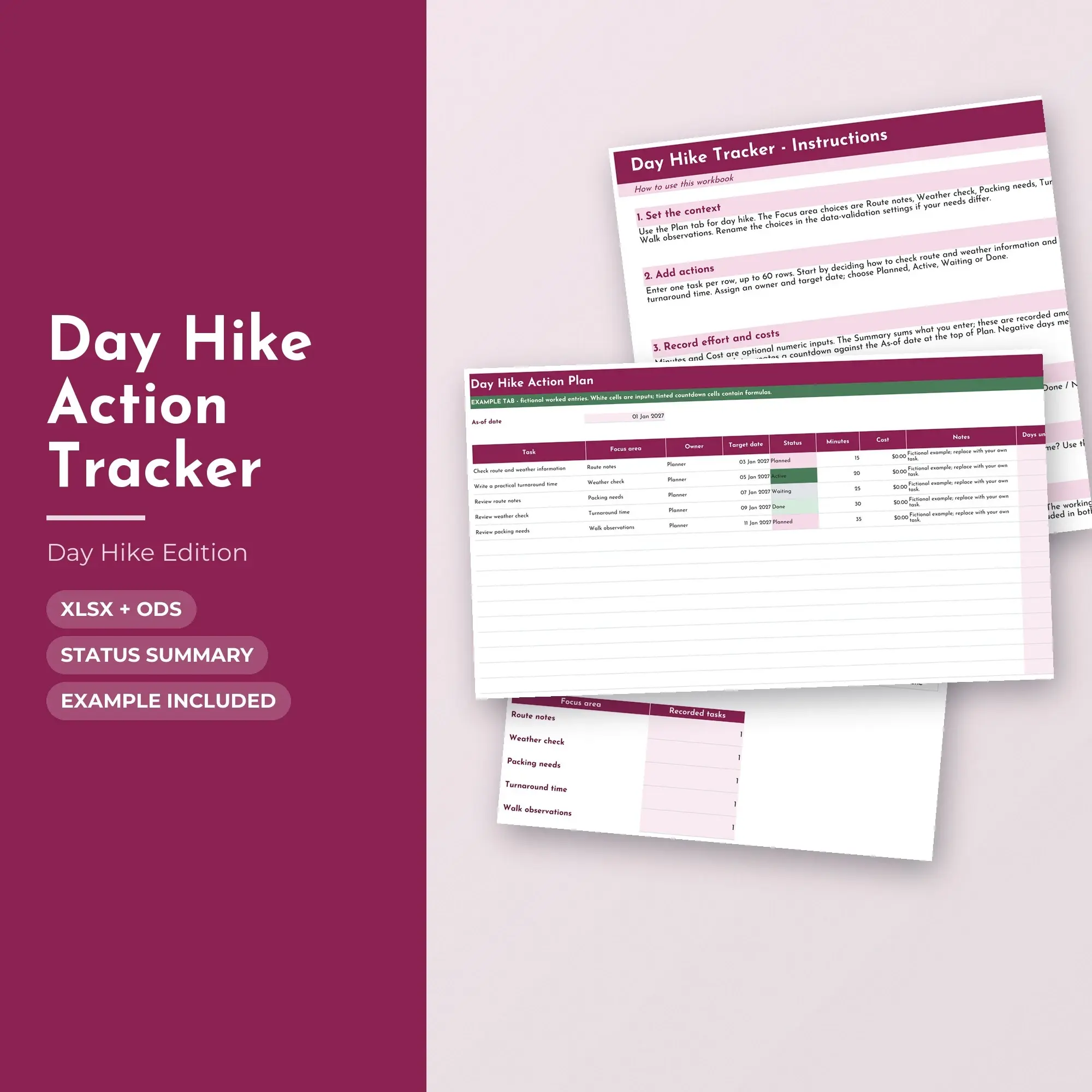 Day Hike Action Tracker Spreadsheet, XLSX + ODS preview