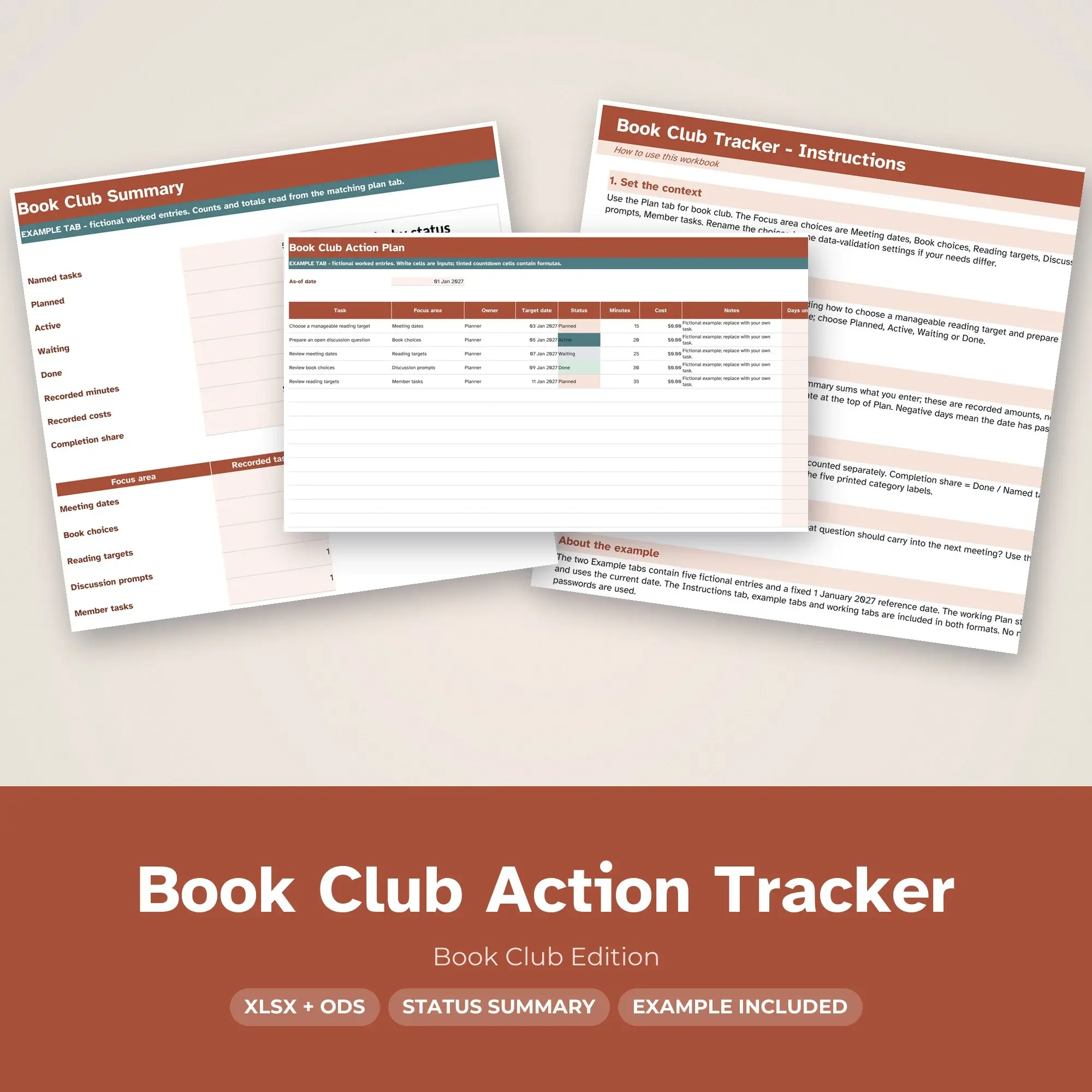 Book Club Action Tracker Spreadsheet, XLSX + ODS preview