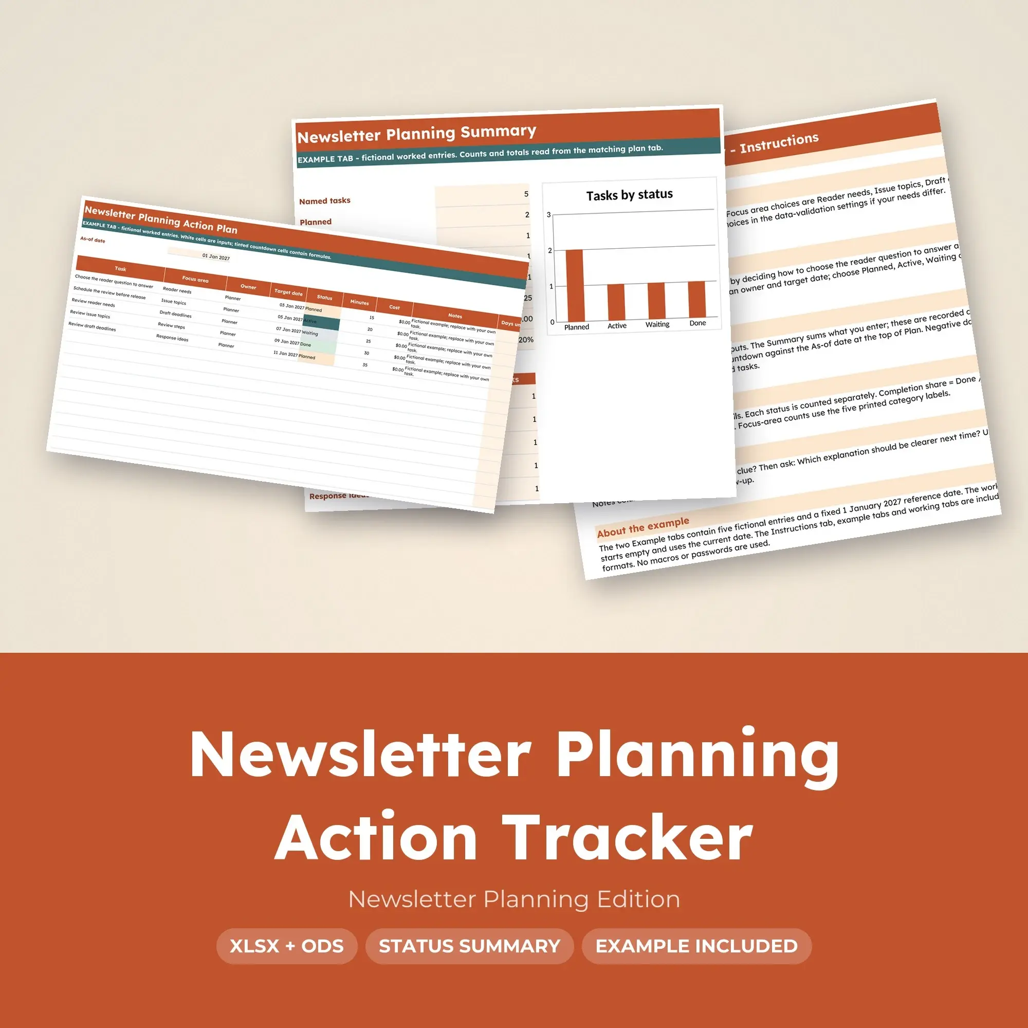 Newsletter Planning Action Tracker Spreadsheet, XLSX + ODS preview