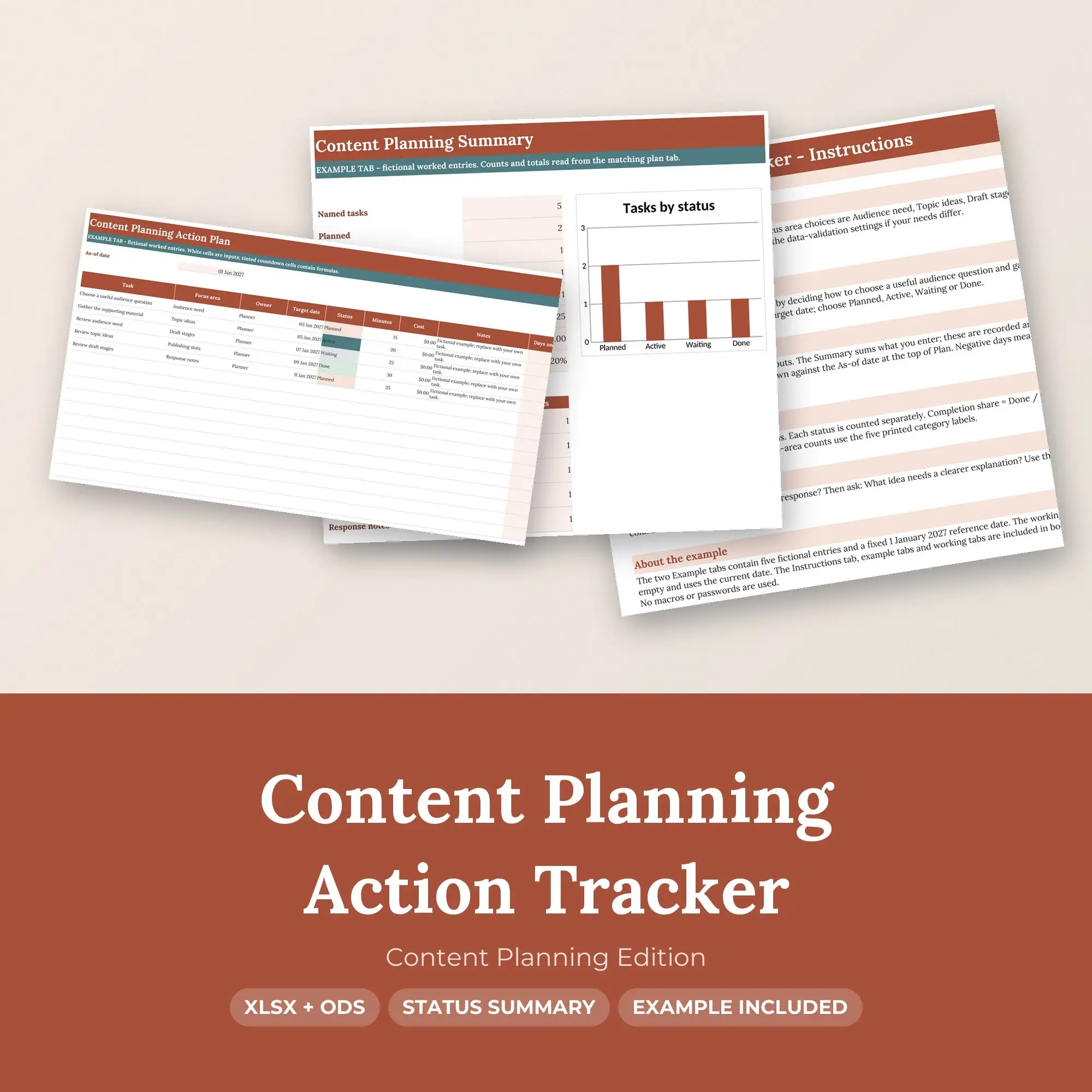 Content Planning Action Tracker Spreadsheet, XLSX + ODS preview