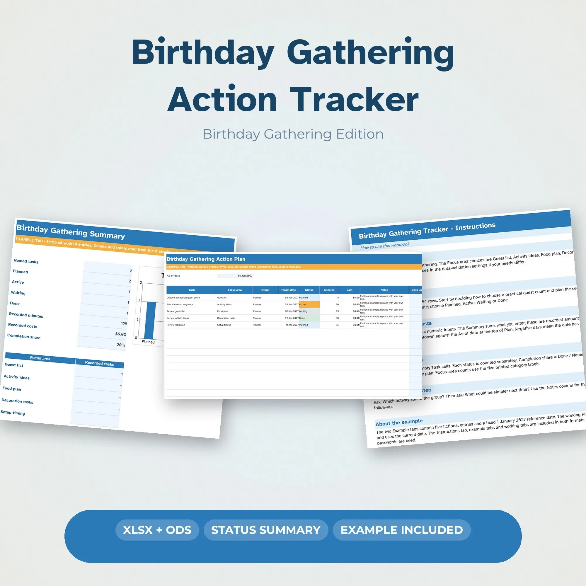 Birthday Gathering Action Tracker Spreadsheet, XLSX + ODS, preview 1 of 2
