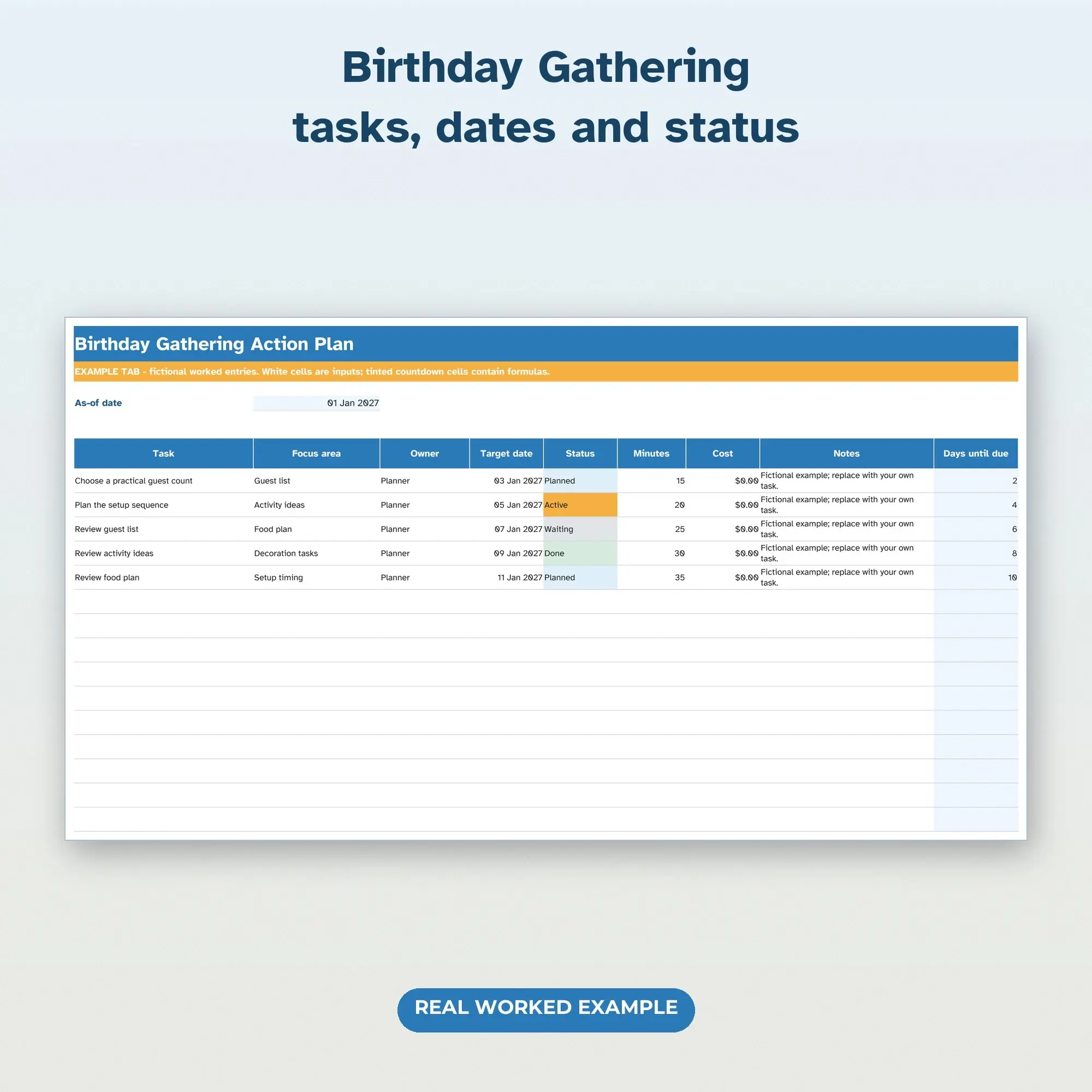 Birthday Gathering Action Tracker Spreadsheet, XLSX + ODS, preview 2 of 2