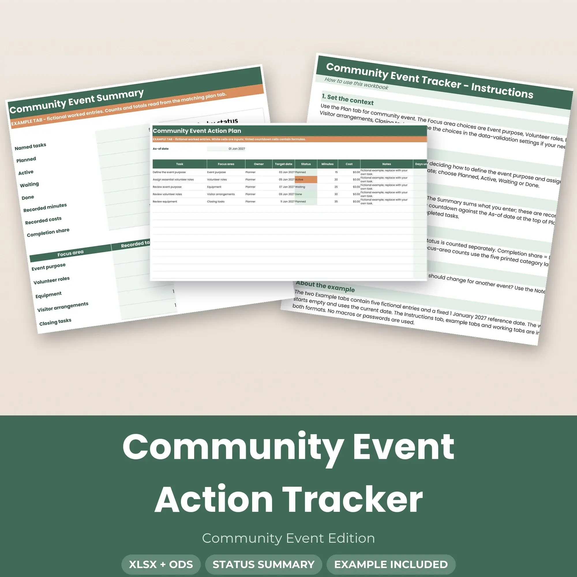 Community Event Action Tracker Spreadsheet, XLSX + ODS preview