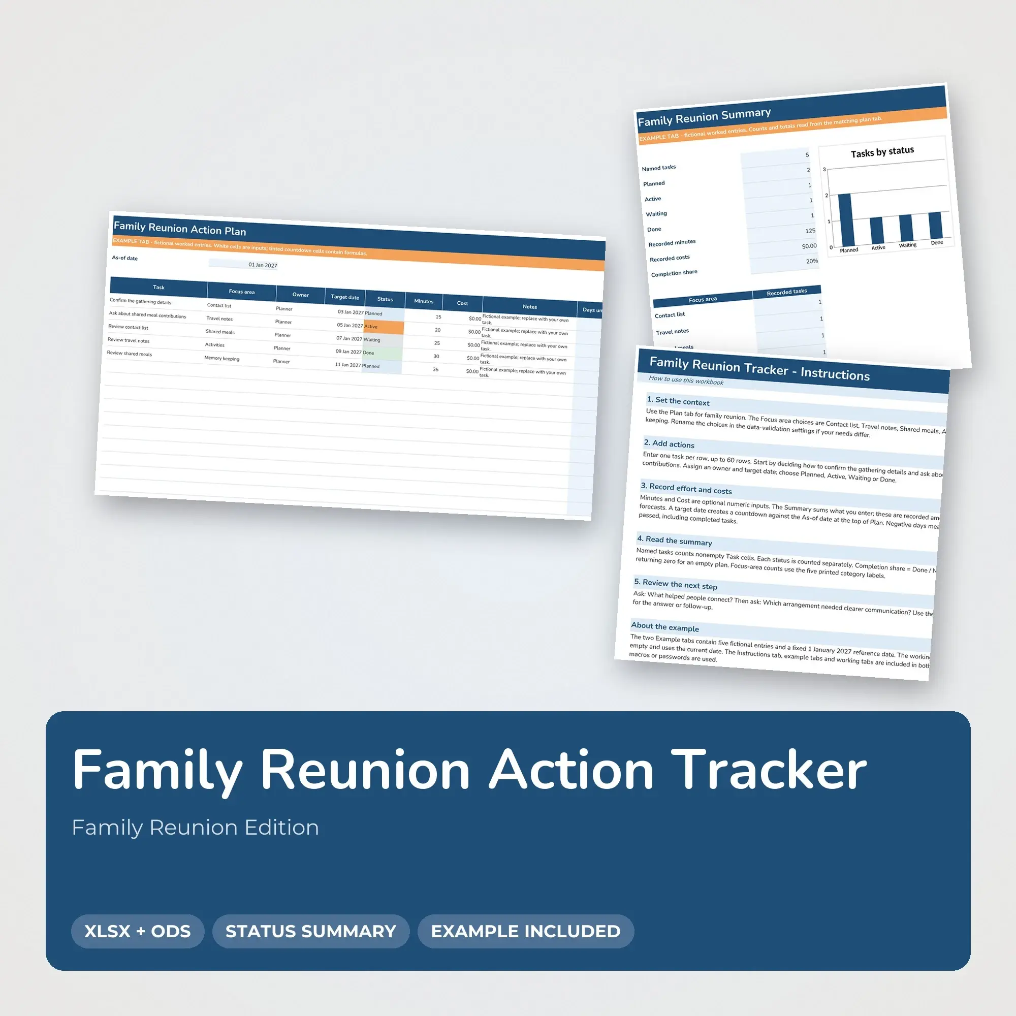Family Reunion Action Tracker Spreadsheet, XLSX + ODS preview