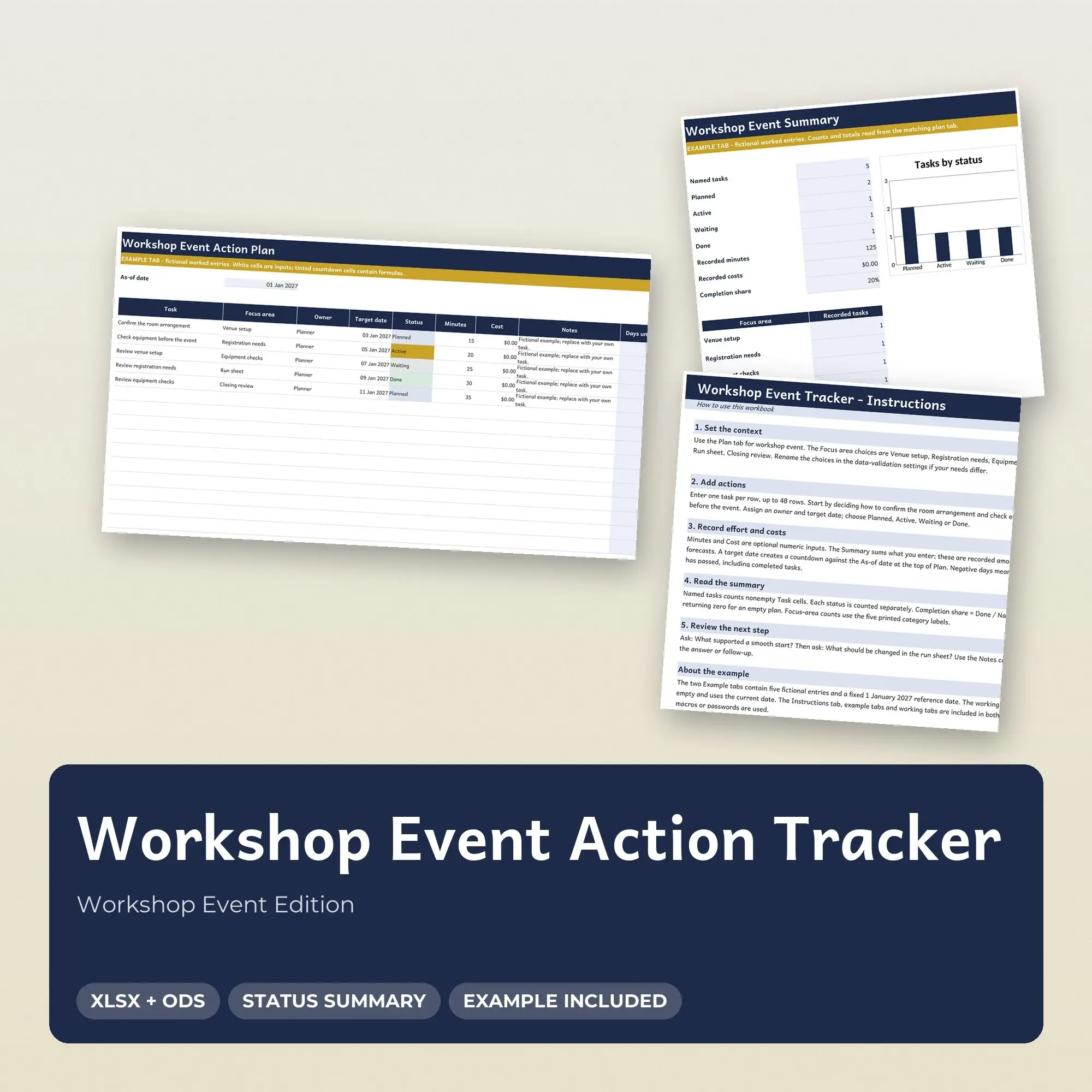Workshop Event Action Tracker Spreadsheet, XLSX + ODS preview