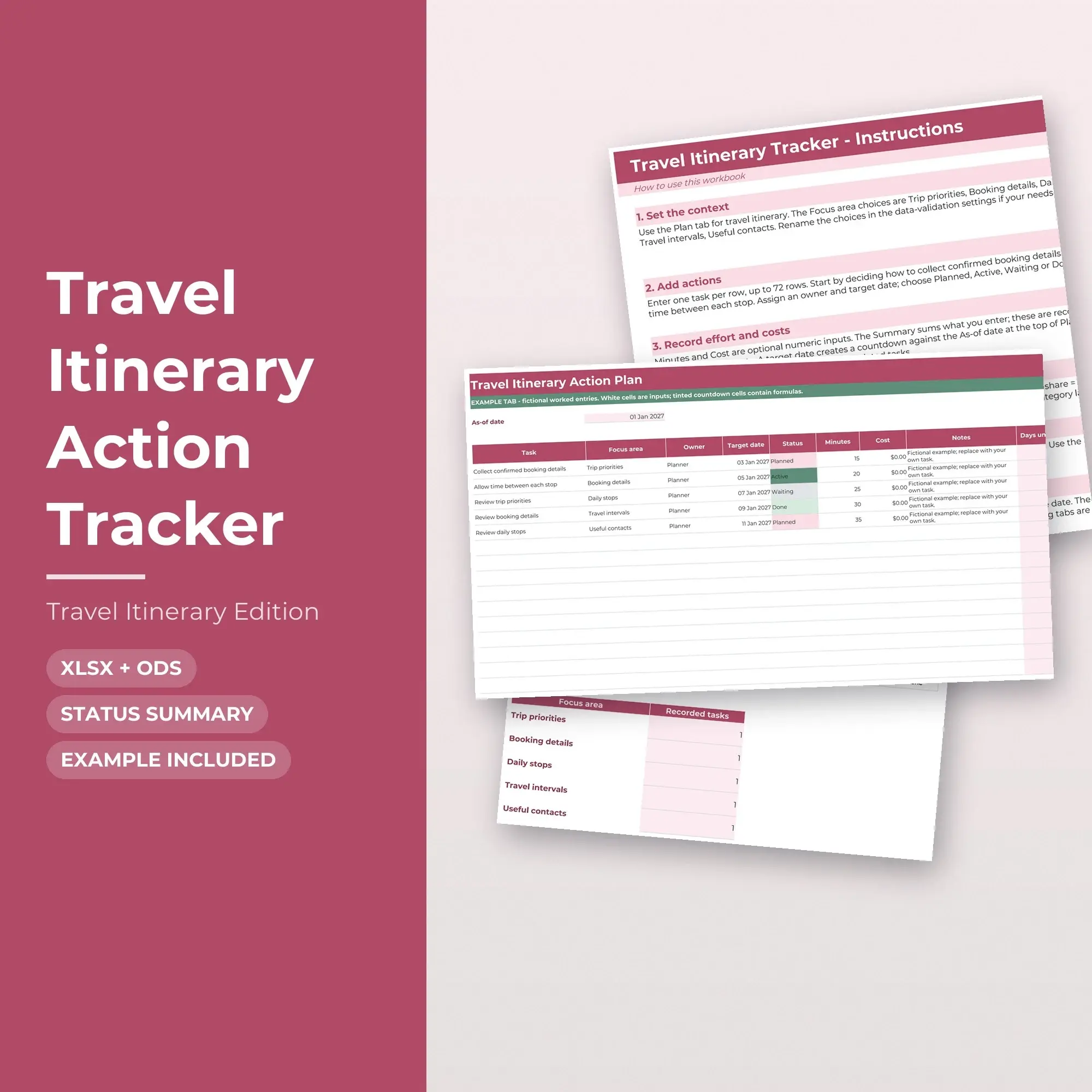 Travel Itinerary Action Tracker Spreadsheet, XLSX + ODS preview