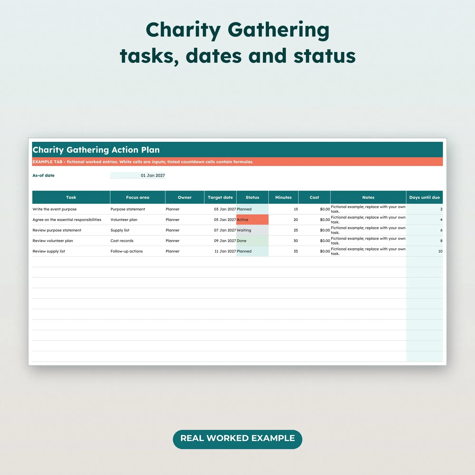 Charity Gathering Action Tracker Spreadsheet, XLSX + ODS, preview 2 of 2