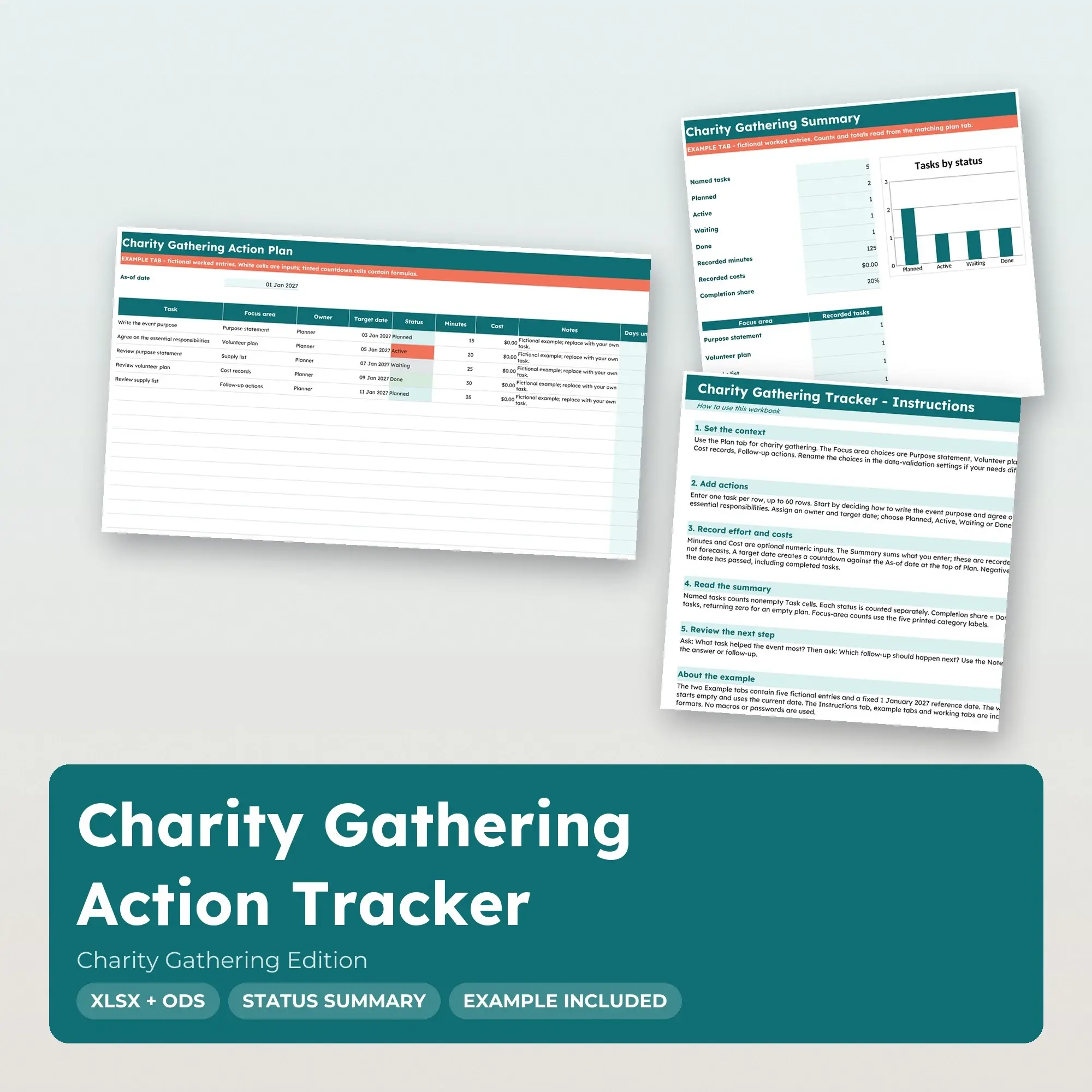 Charity Gathering Action Tracker Spreadsheet, XLSX + ODS, preview 1 of 2