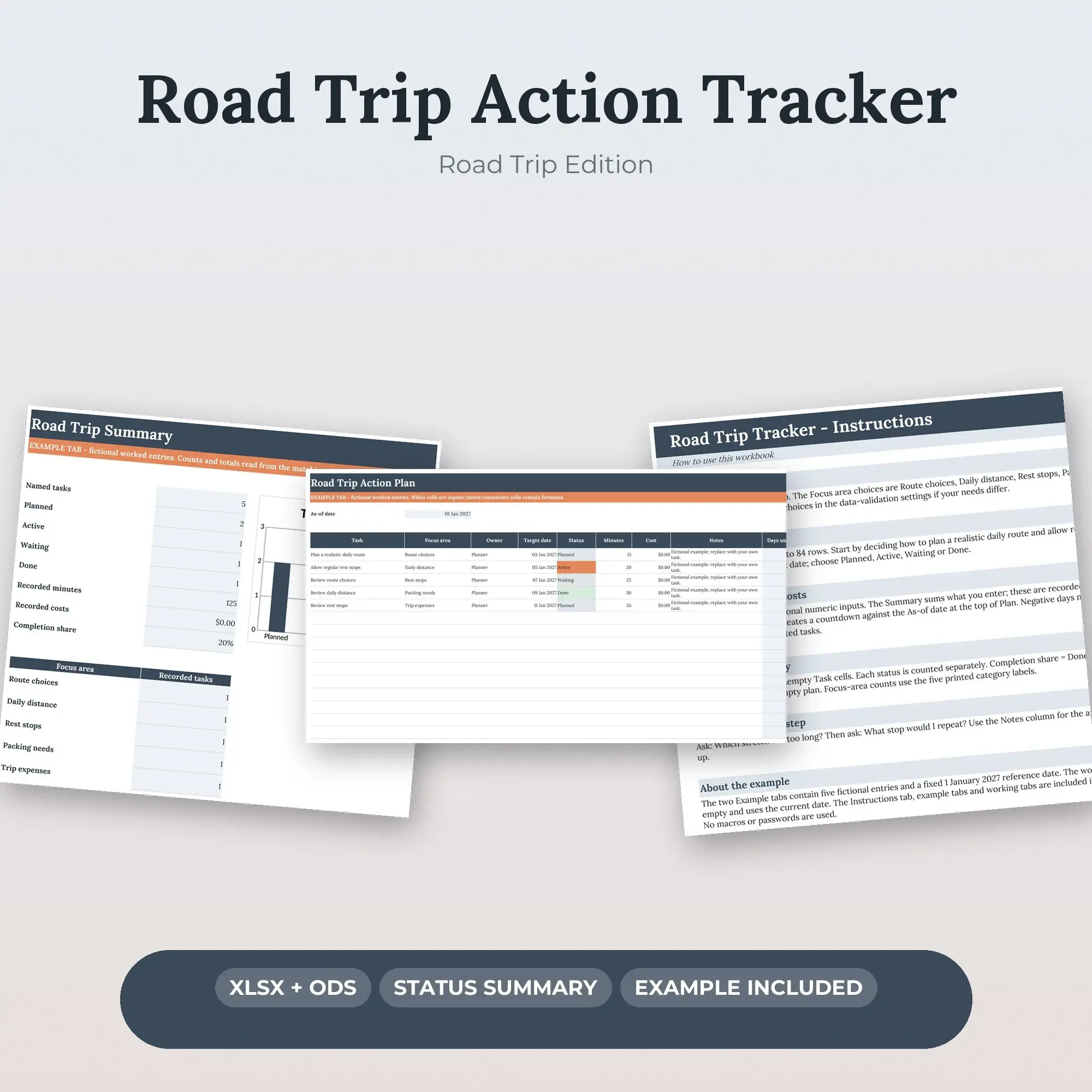 Road Trip Action Tracker Spreadsheet, XLSX + ODS preview
