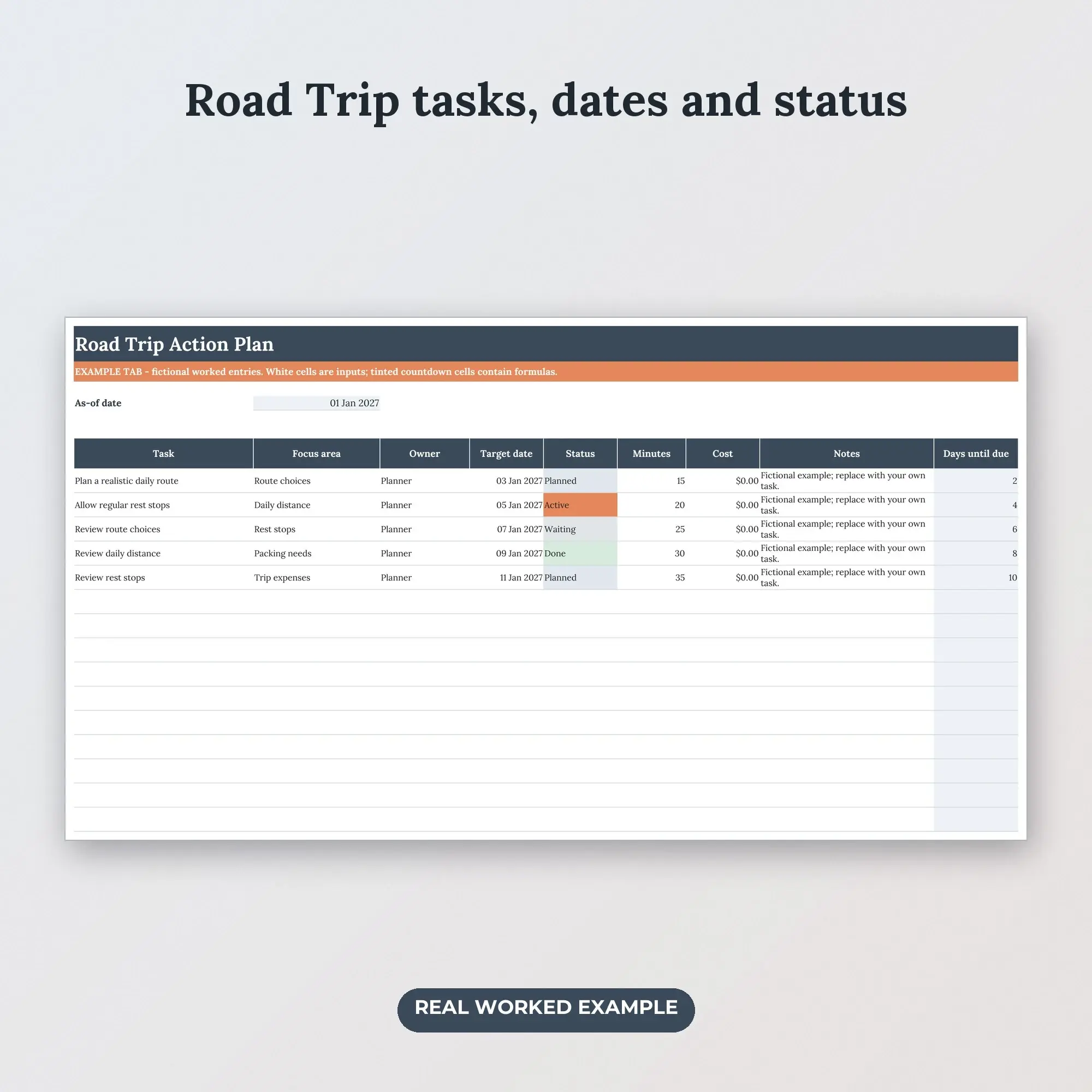 Road Trip Action Tracker Spreadsheet, XLSX + ODS, preview 2 of 2