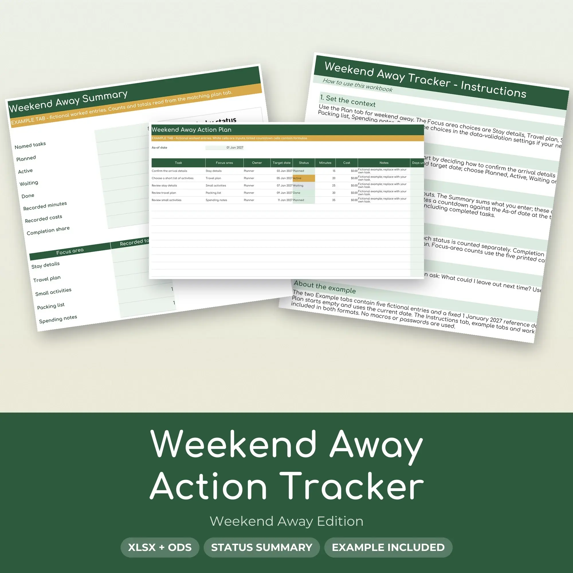Weekend Away Action Tracker Spreadsheet, XLSX + ODS preview