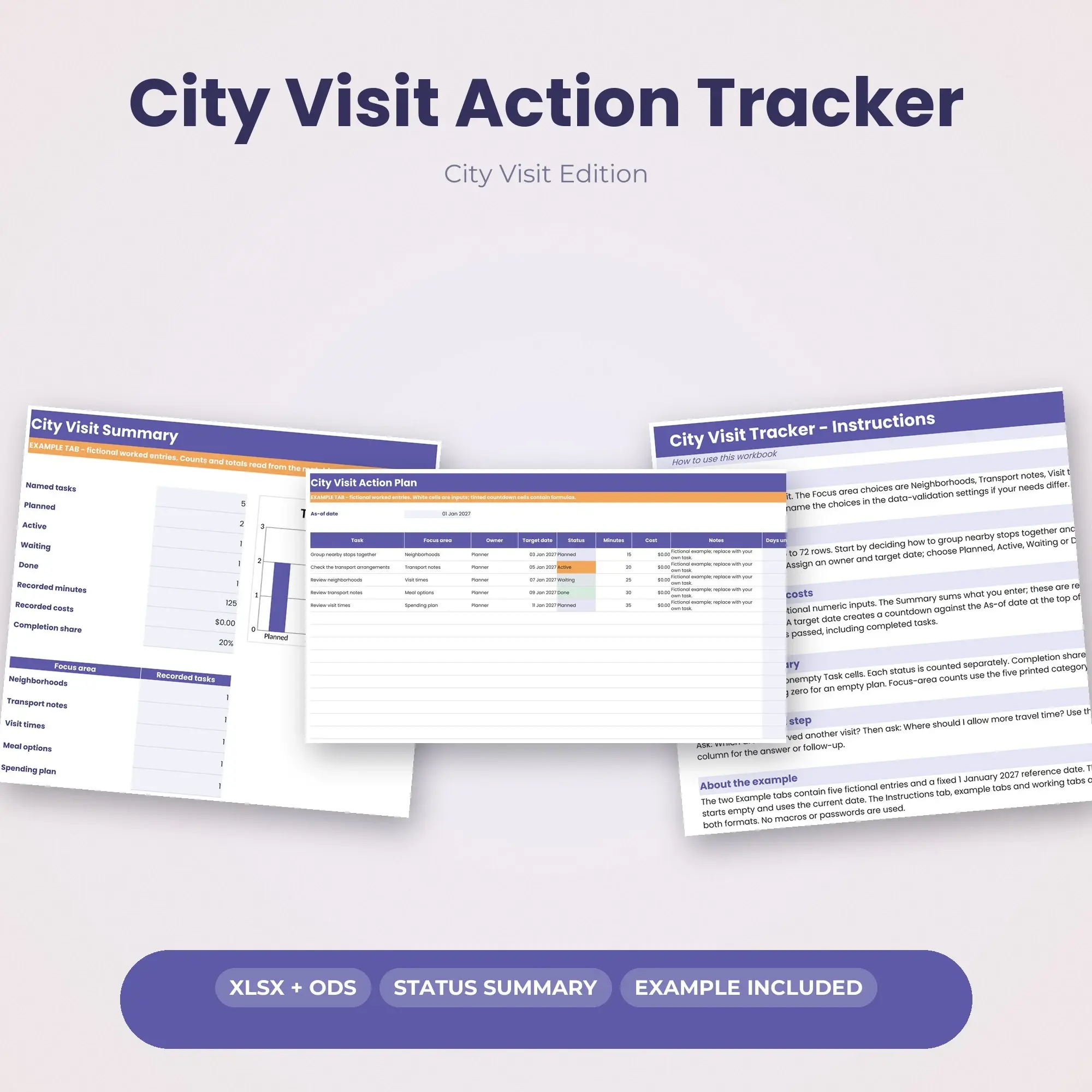 City Visit Action Tracker Spreadsheet, XLSX + ODS preview