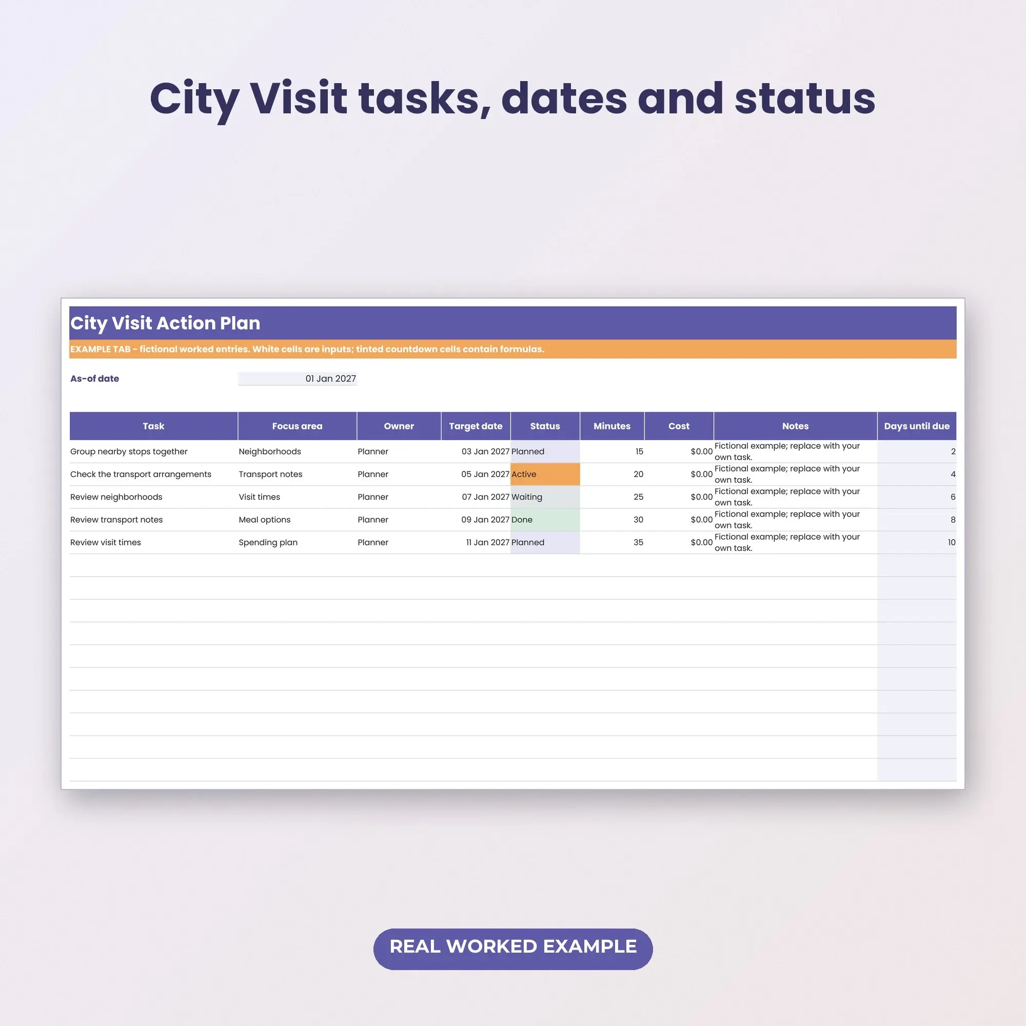 City Visit Action Tracker Spreadsheet, XLSX + ODS, preview 2 of 2