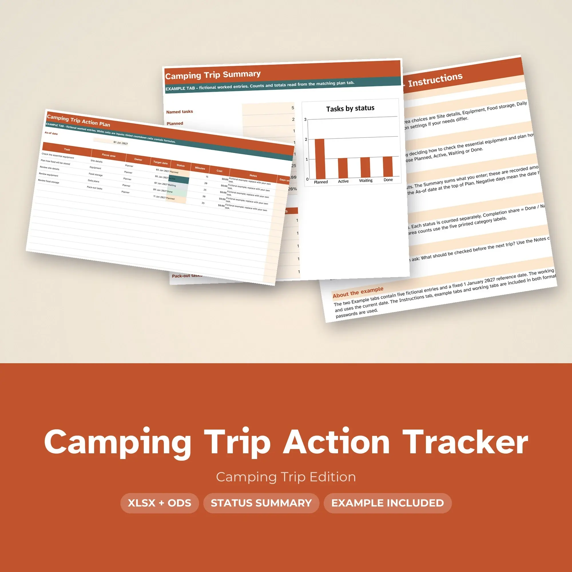 Camping Trip Action Tracker Spreadsheet, XLSX + ODS preview