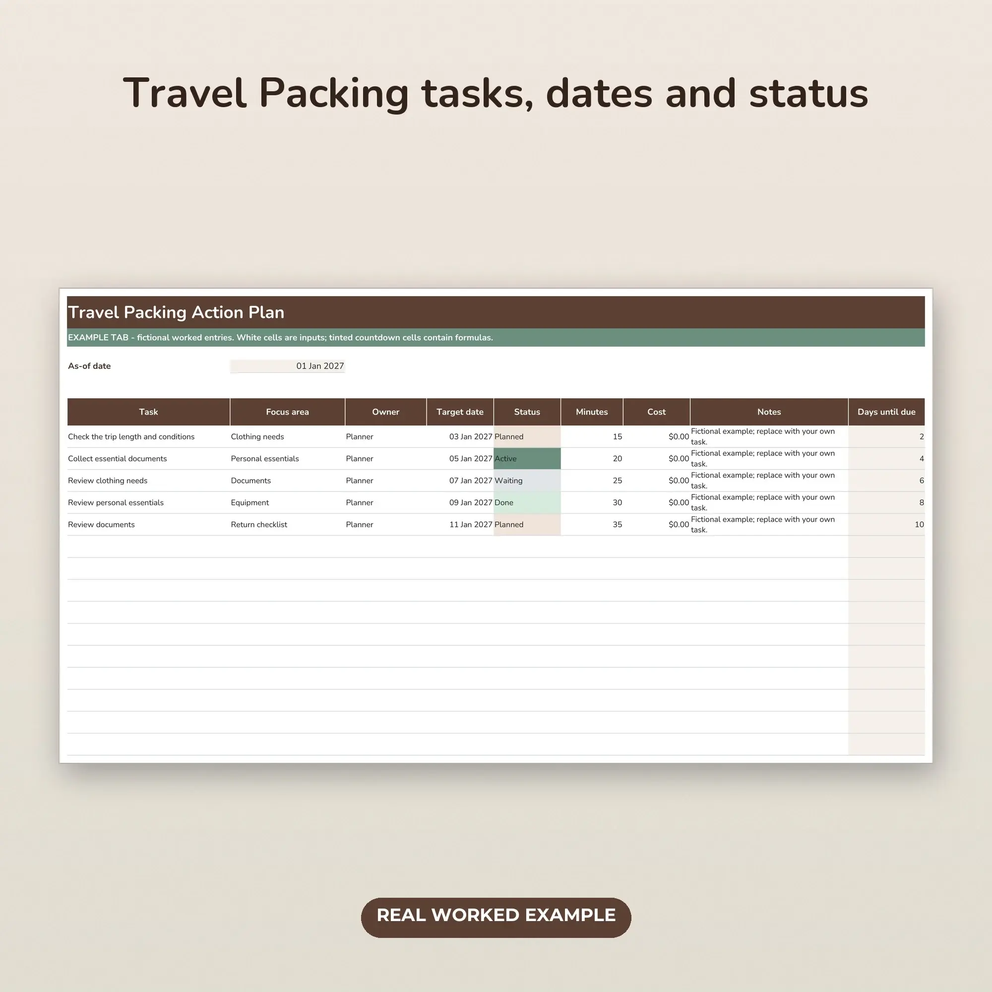 Travel Packing Action Tracker Spreadsheet, XLSX + ODS, preview 2 of 2
