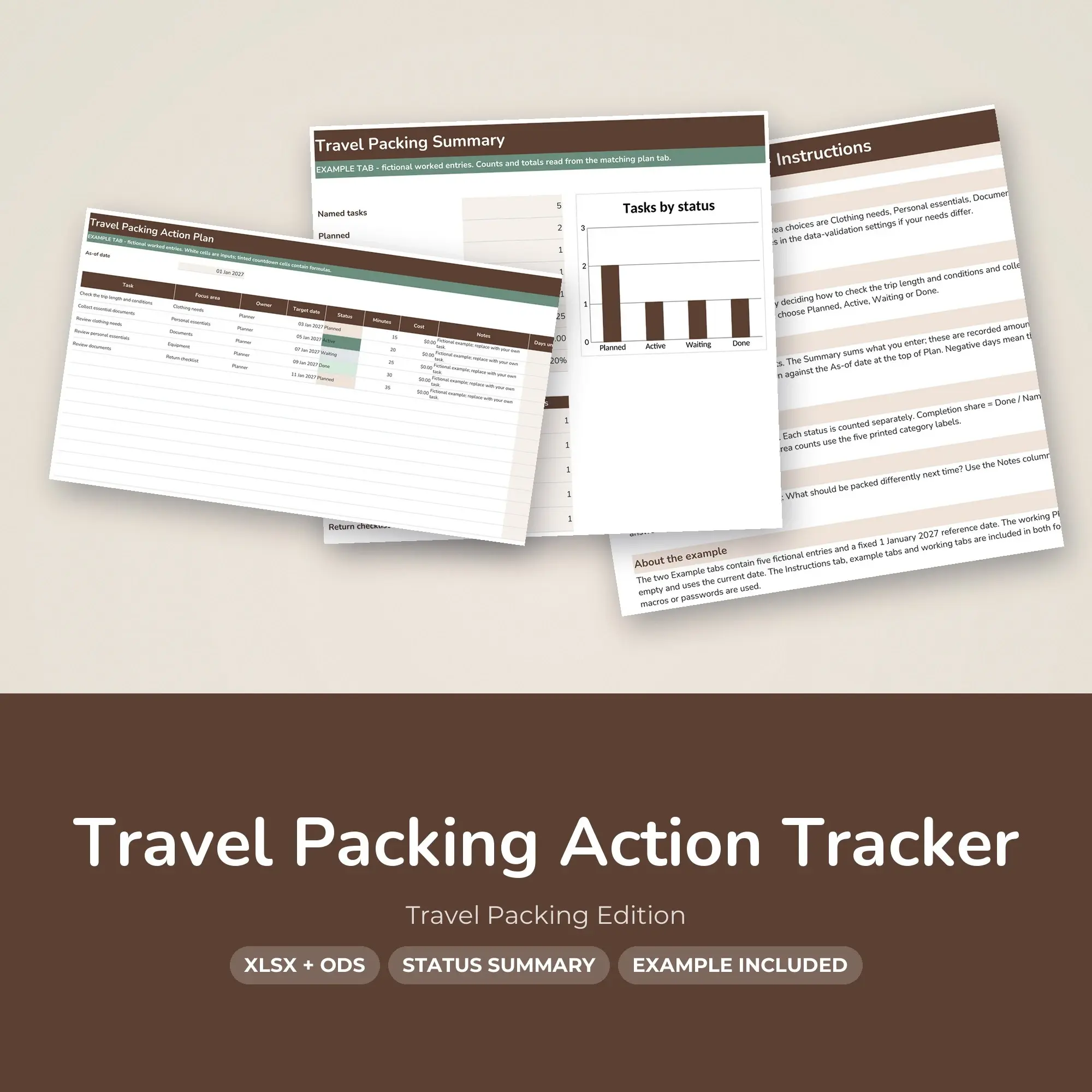 Travel Packing Action Tracker Spreadsheet, XLSX + ODS preview